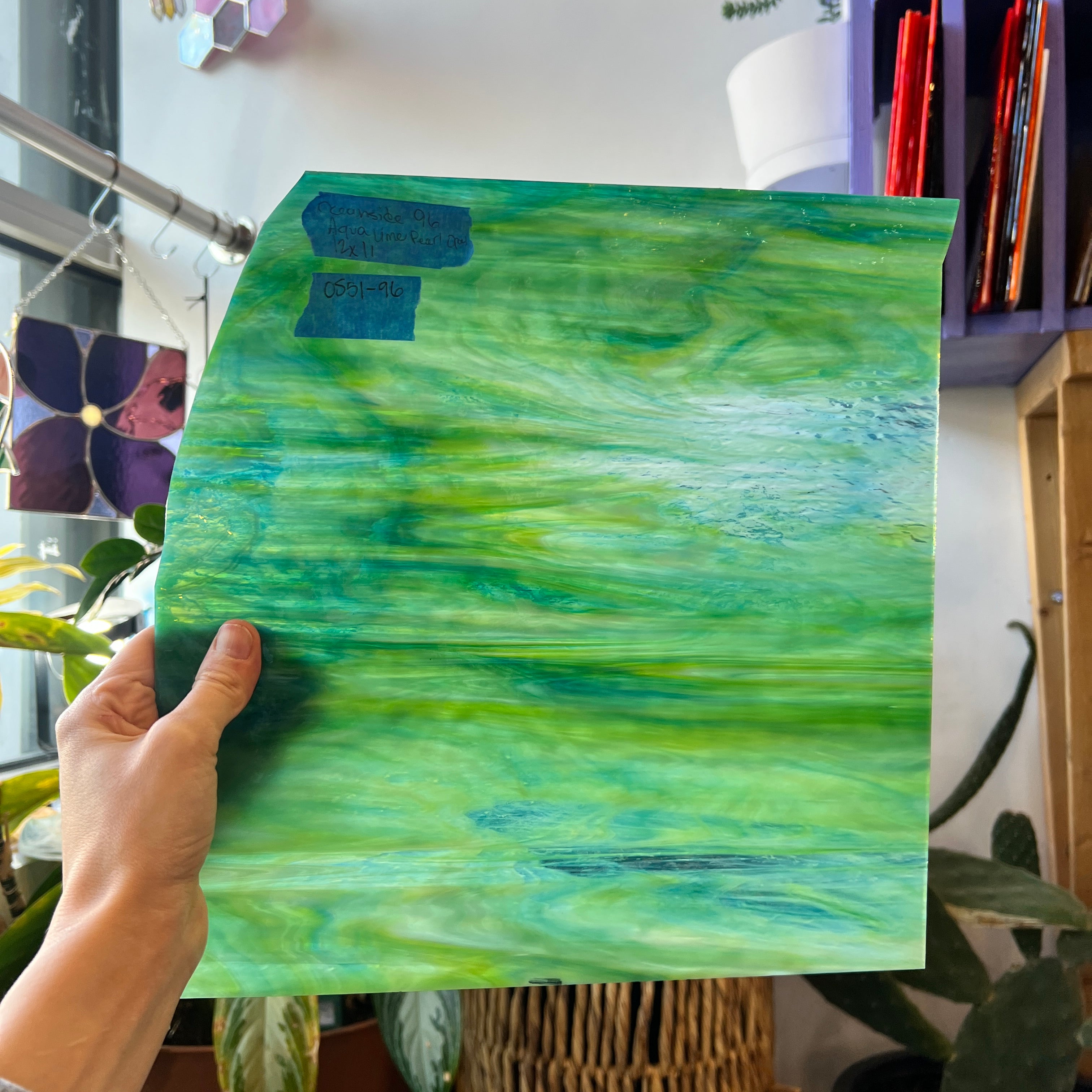 Aqua Lime Pearl Opal Oceanside Fusible 96 COE Sheet Glass Colorado Glassworks OS-AQUALIME-PO (12x12in)