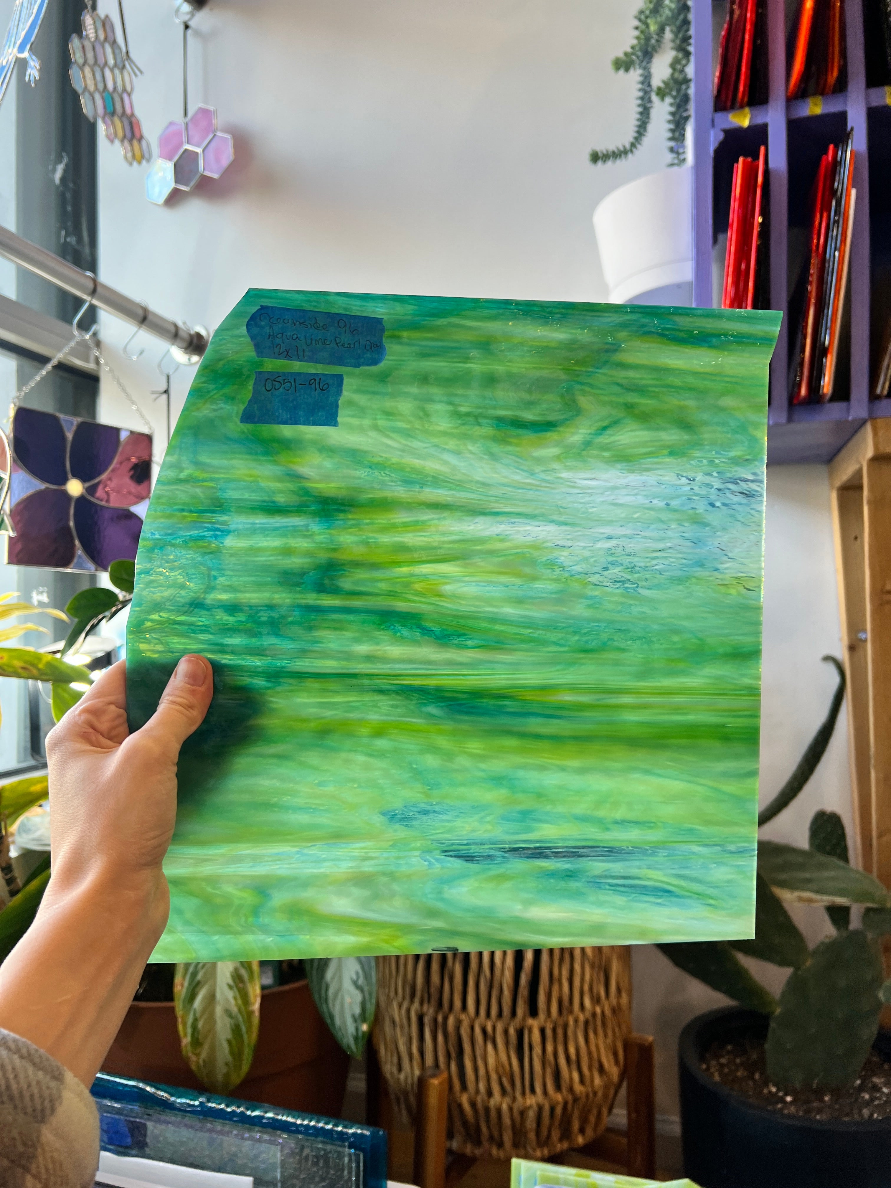 Aqua Lime Pearl Opal Oceanside Fusible 96 COE Sheet Glass Colorado Glassworks OS-AQUALIME-PO (12x12in)