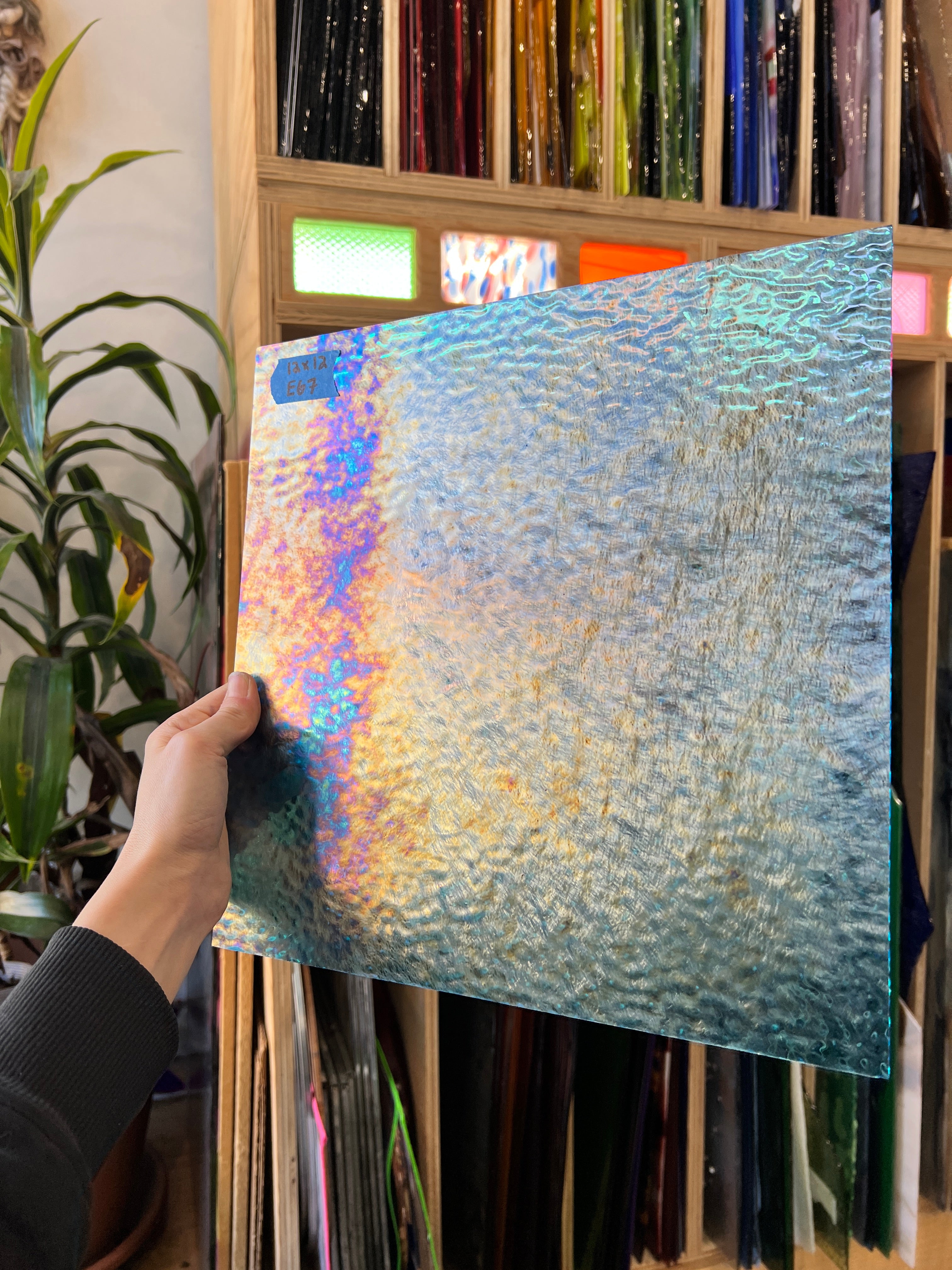 Iridescent Blue Ripple Wissmach Sheet Glass Colorado Glass Works E67 (12X12in)