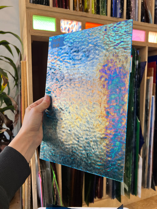 Iridescent Blue Ripple Wissmach Sheet Glass Colorado Glass Works E68 (12X8in)