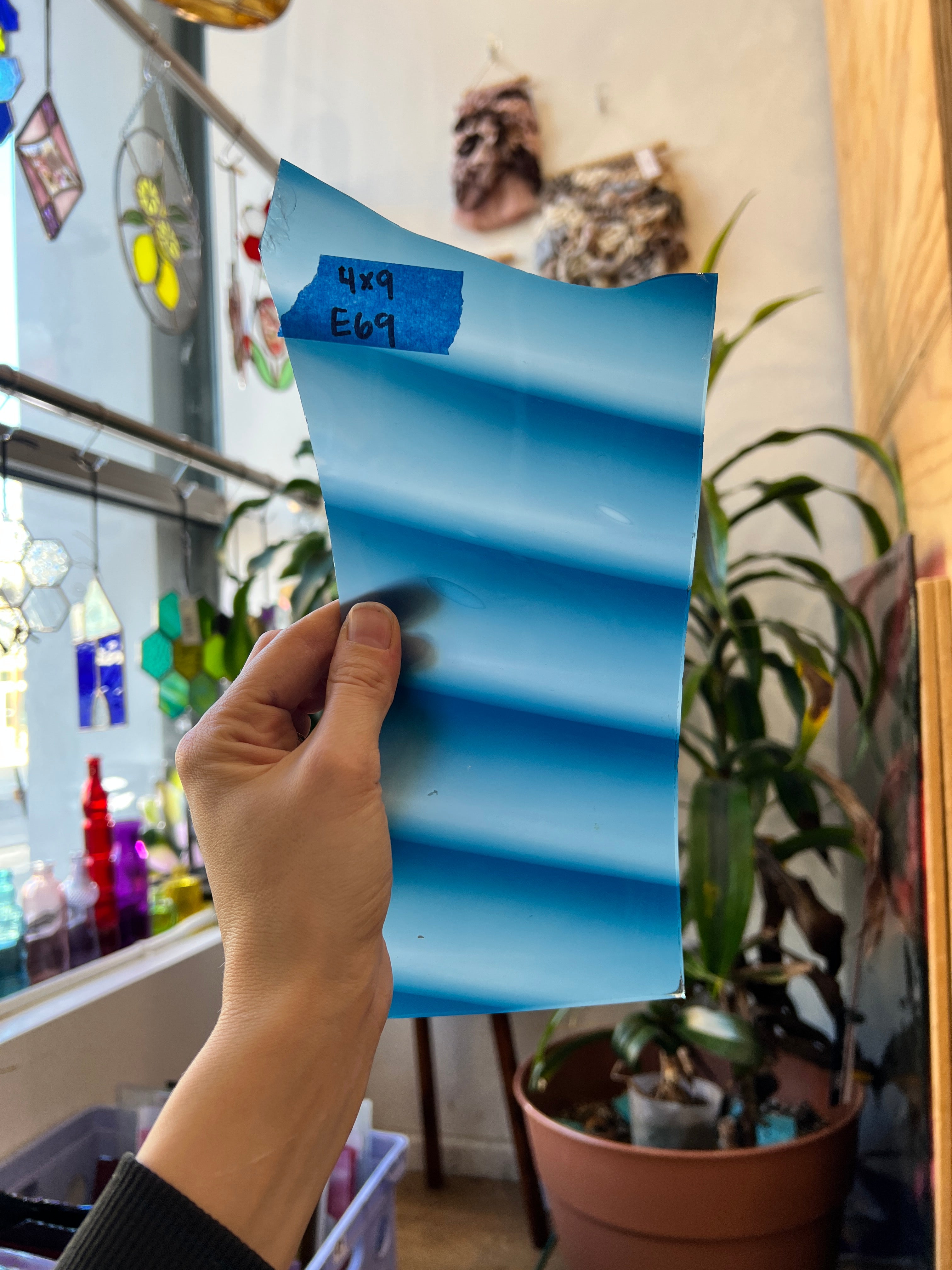 Blue White Ribbed Mouth Blown Fremont Sheet Glass Colorado Glassworks E69 (4x9in)