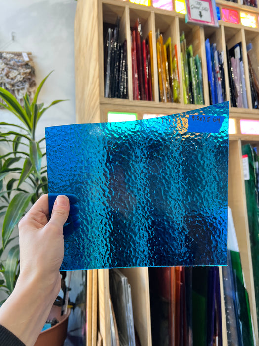 Transparent Medium Blue Pebbled Sheet Glass Kokomo G4 (9.5x7.5in)