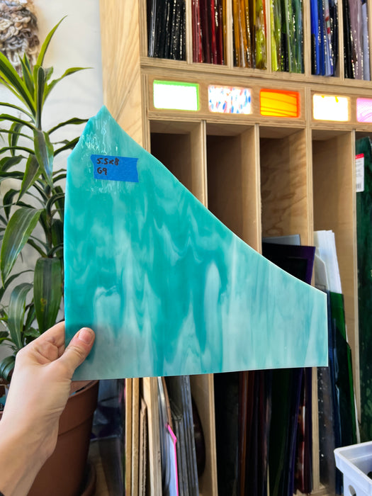 Teal White Wispy Sheet Glass Bullseye G9 (5.5x8in)