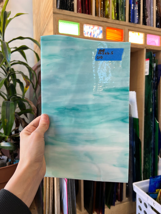 Teal White Wispy Sheet Glass Bullseye G10 (10.5x6.5in)