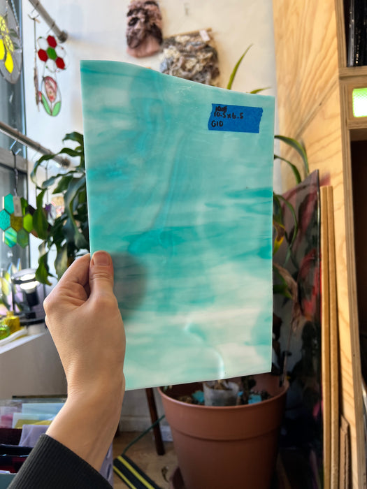 Teal White Wispy Sheet Glass Bullseye