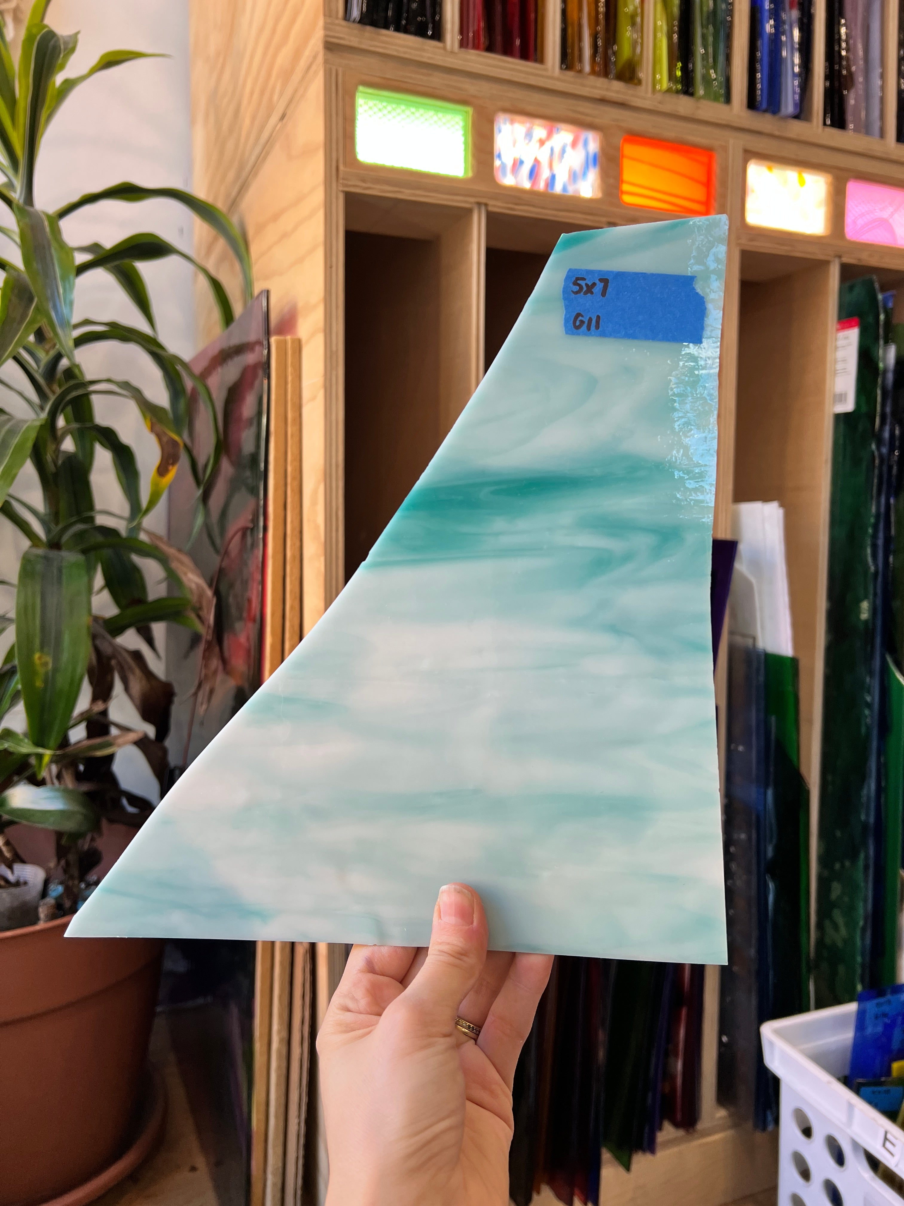 Teal White Wispy Sheet Glass Bullseye G11 (5x7in)