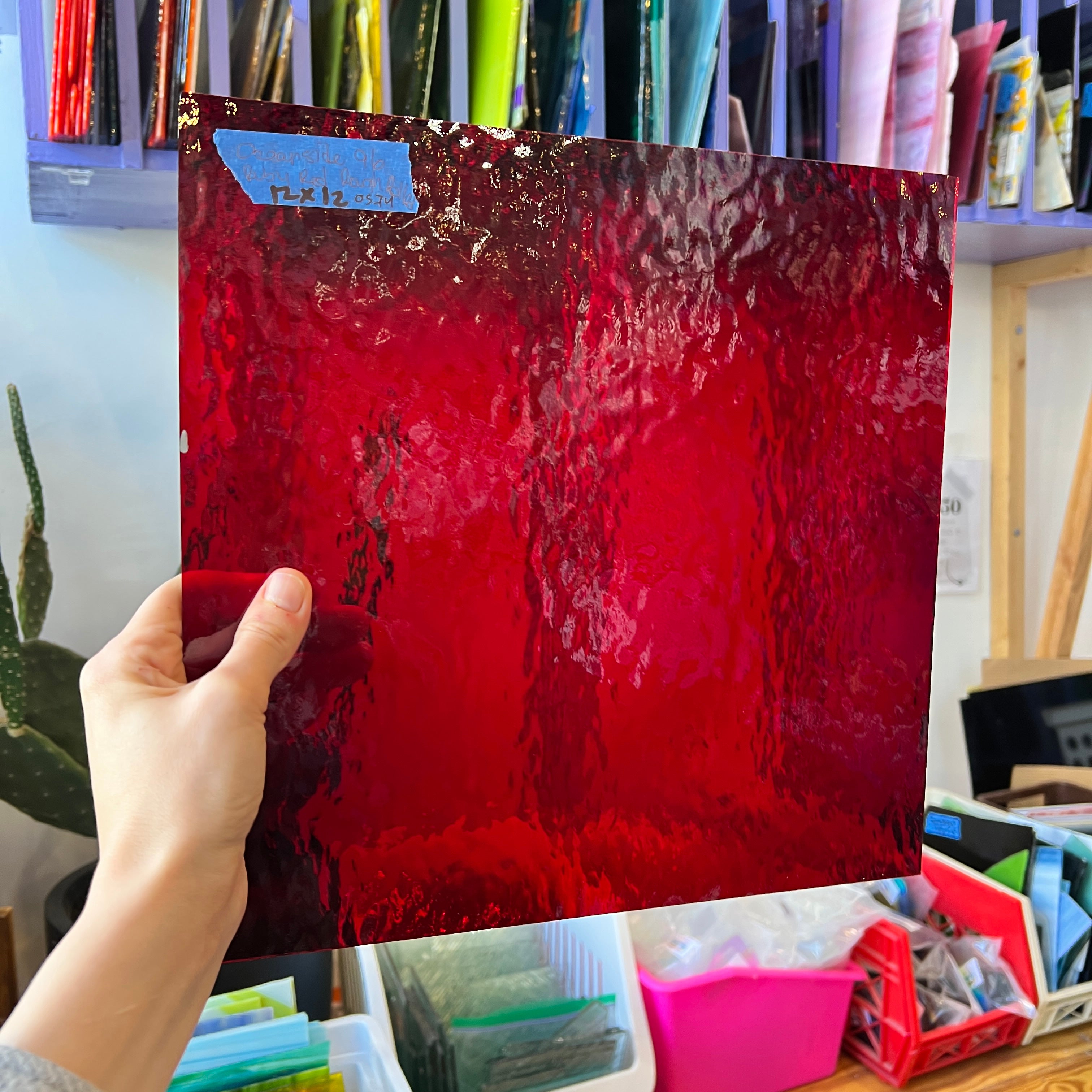 Ruby Red Rough Rolled Transparent Oceanside Fusible 96 COE (152RRF) Sheet Glass Colorado Glassworks OS-RUBYRED-RR (12x12in)