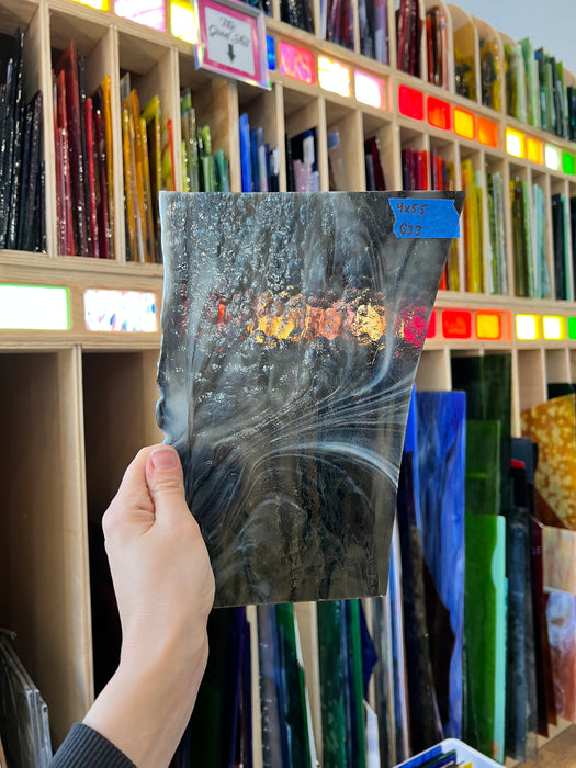 Rolled Brown White Wispy Bullseye Sheet Glass Colorado Glassworks G33 (9x5.5in)