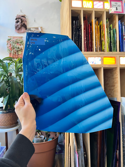 Blue White Ribbed Mouth Blown Fremont Sheet Glass Colorado Glassworks G48 (10x12in)