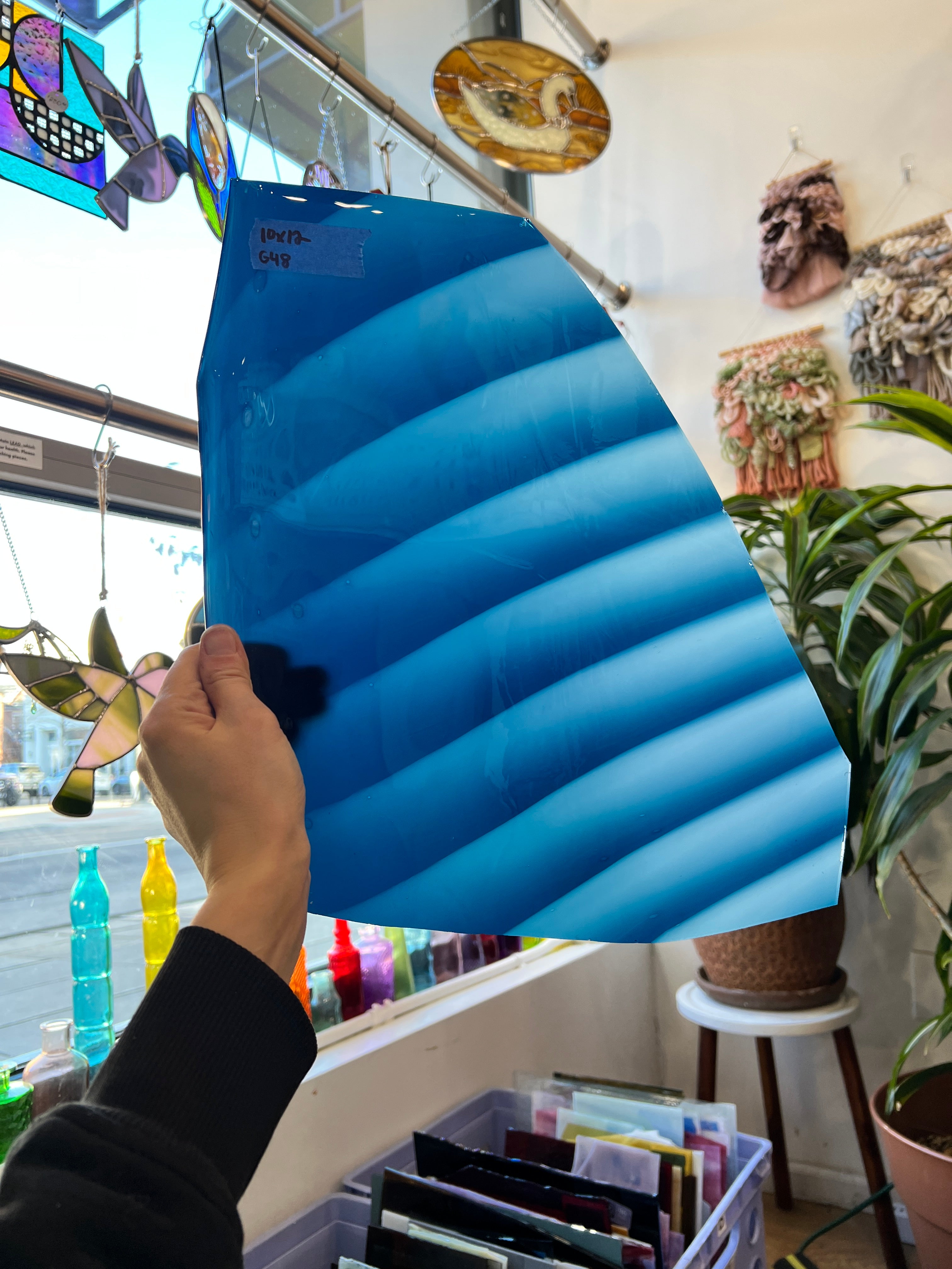 Blue White Ribbed Mouth Blown Fremont Sheet Glass Colorado Glassworks