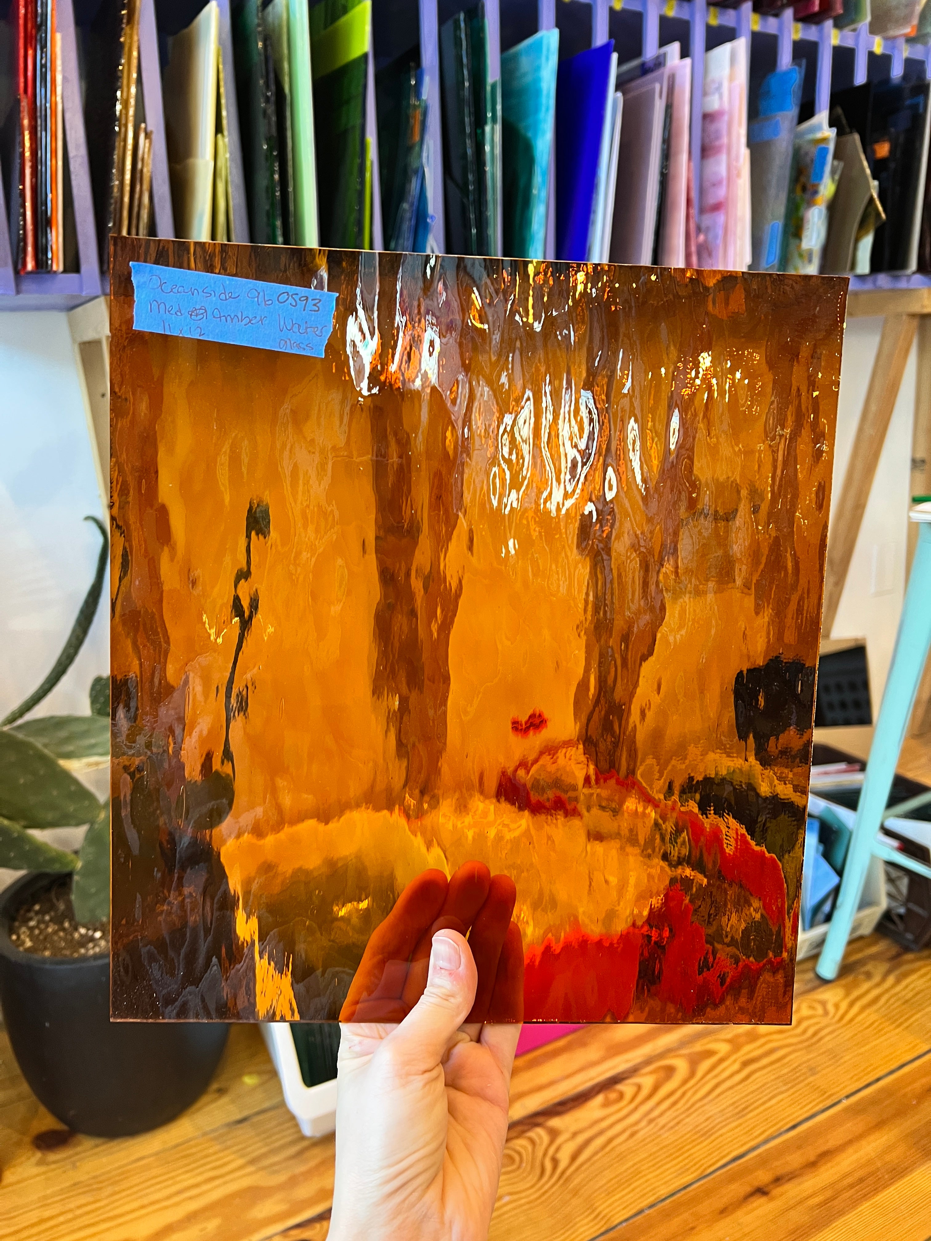 Medium Amber Waterglass Oceanside Fusible 96 COE (110.8WF) Sheet Glass Colorado Glassworks