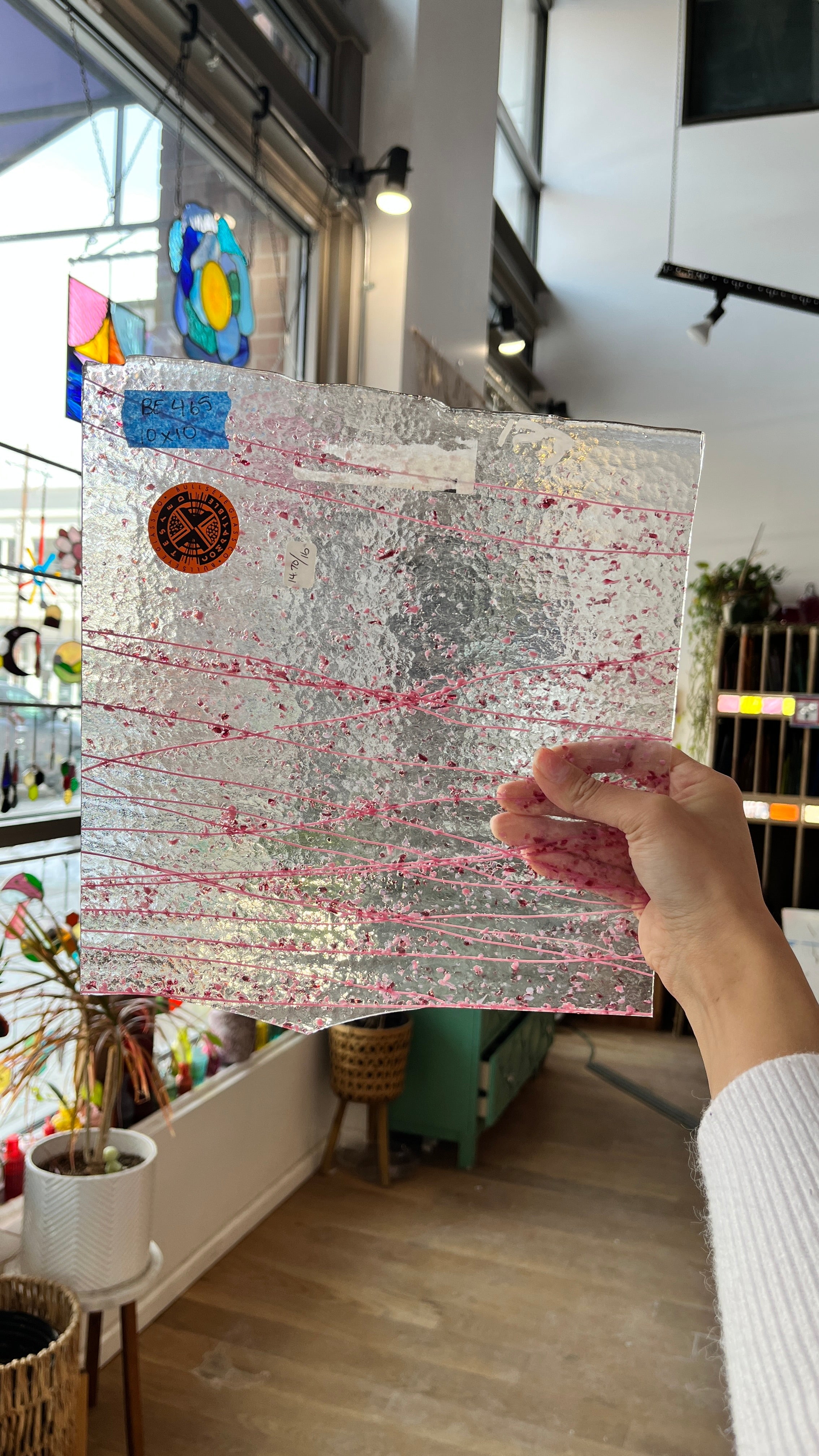 Clear Textured Glass with Pink Streamers and Confetti Bullseye Fusible 90 COE Sheet Glass Colorado Glassworks BE465 (10x10in)