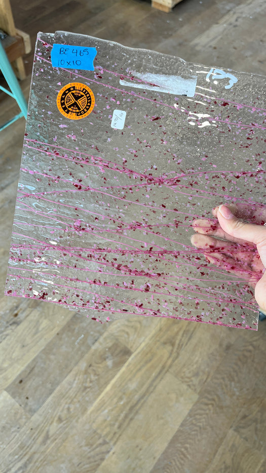 Clear Textured Glass with Pink Streamers and Confetti Bullseye Fusible 90 COE Sheet Glass Colorado Glassworks