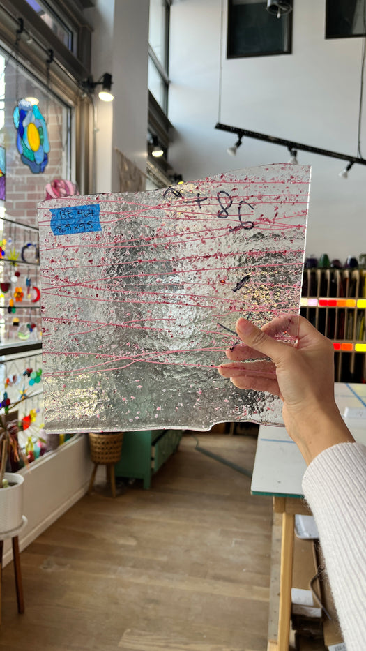 Clear Textured Glass with Pink Streamers and Confetti Bullseye Fusible 90 COE Sheet Glass Colorado Glassworks BE464 (8.5x9.5in)