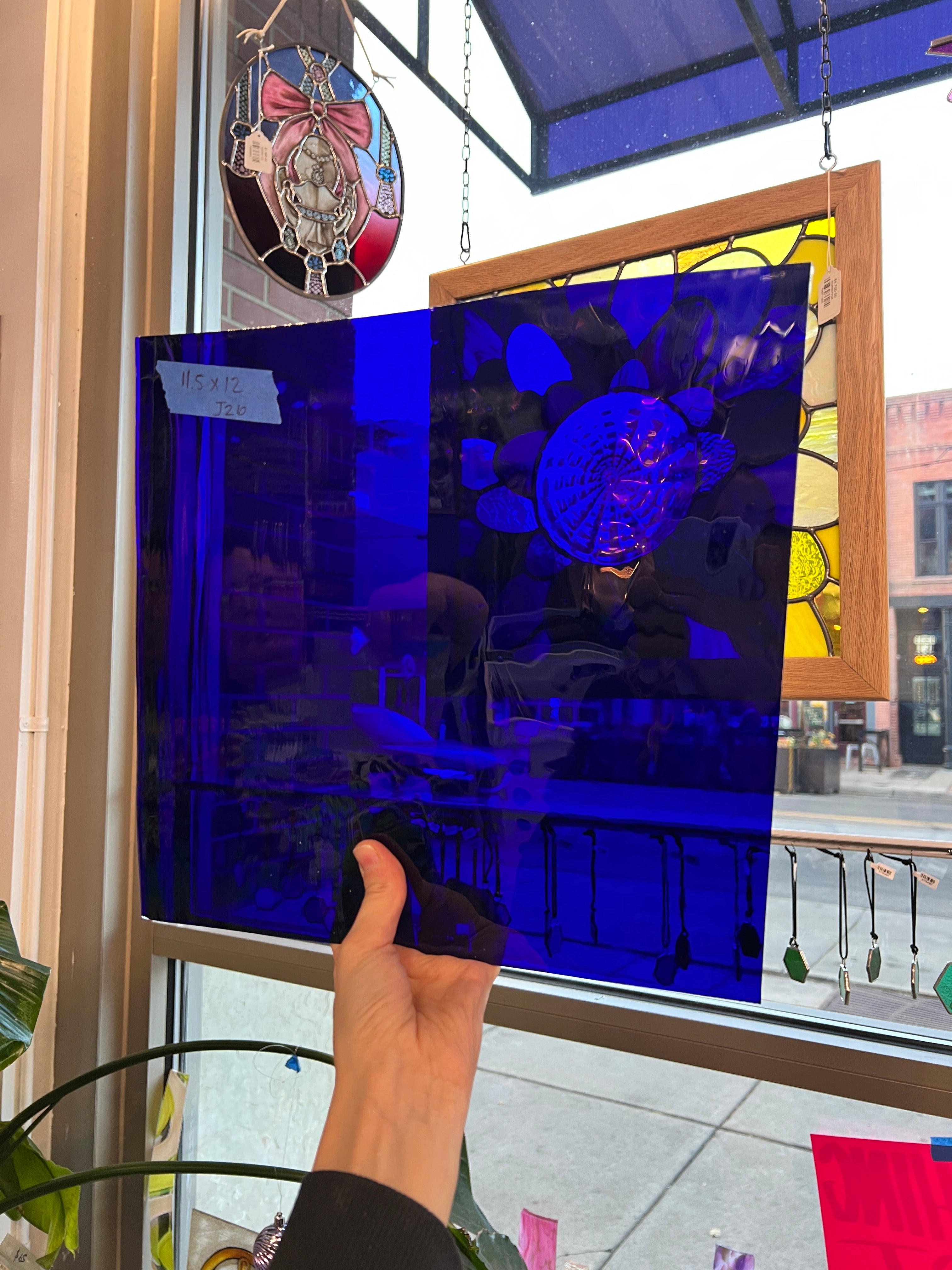 Dark Blue on Clear Flash Glass Mouth Blown Lamberts Sheet Glass Colorado Glassworks