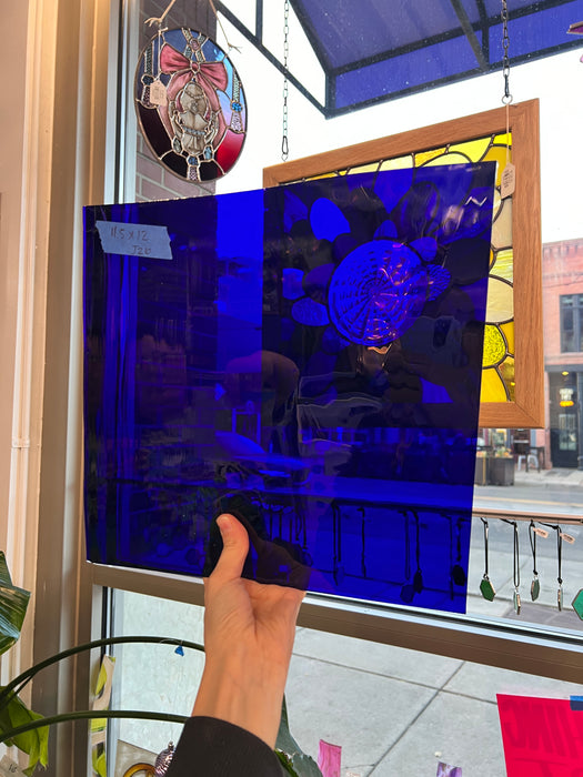 Dark Blue on Clear Flash Glass Mouth Blown Lamberts Sheet Glass Colorado Glassworks