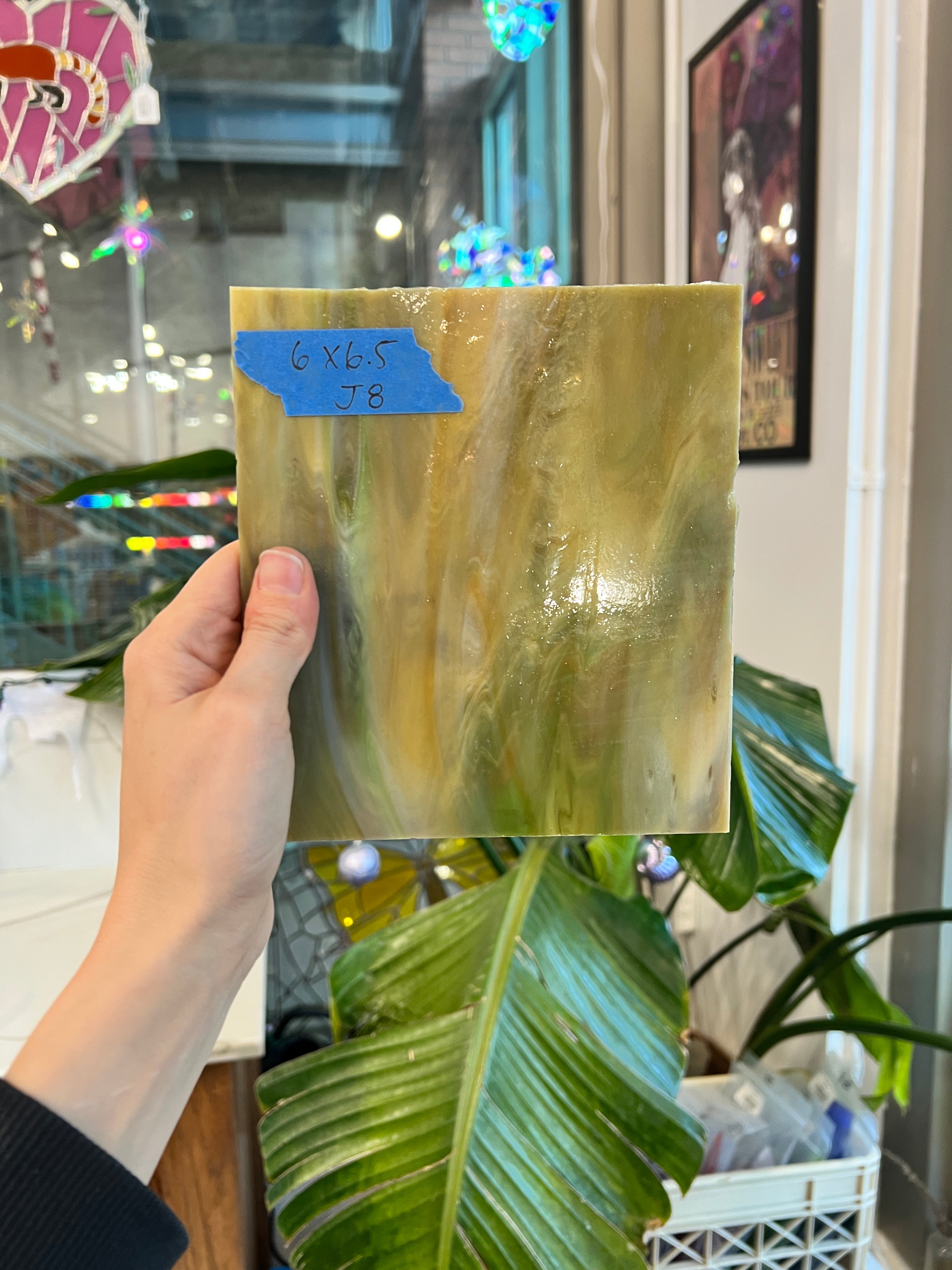 Brown Green Wispy Sheet Glass Colorado Glassworks J8 (6x6.5in)