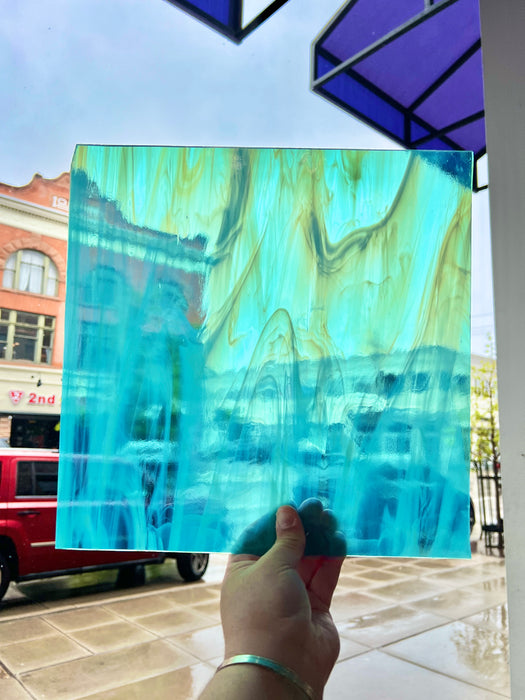 NEW Caribbean Blue and White Wispy Oceanside Fusible 96 COE (OGT 832.91F) Sheet Glass Colorado Glass Works