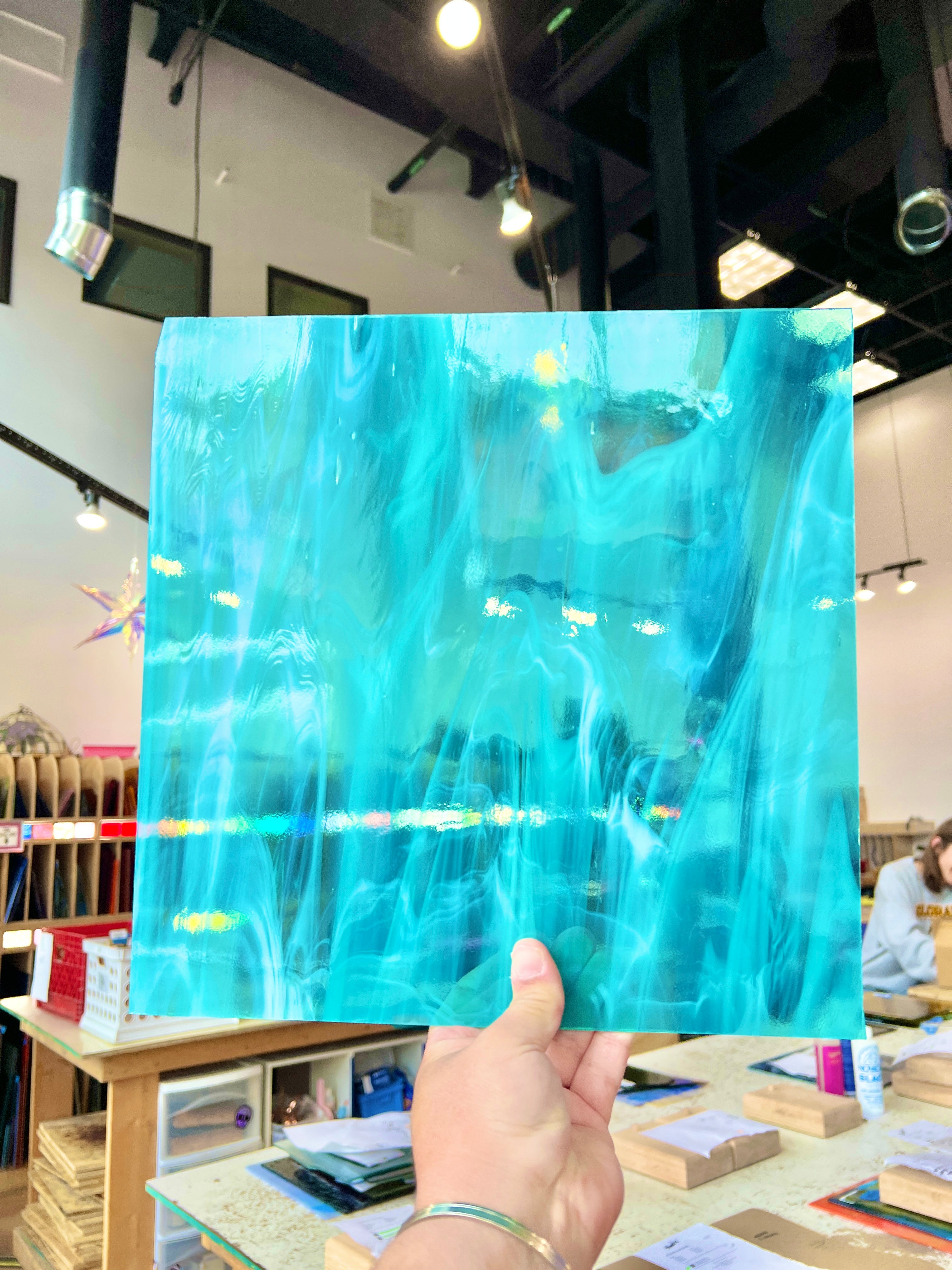 NEW Caribbean Blue and White Wispy Oceanside Fusible 96 COE (OGT 832.91F) Sheet Glass Colorado Glass Works