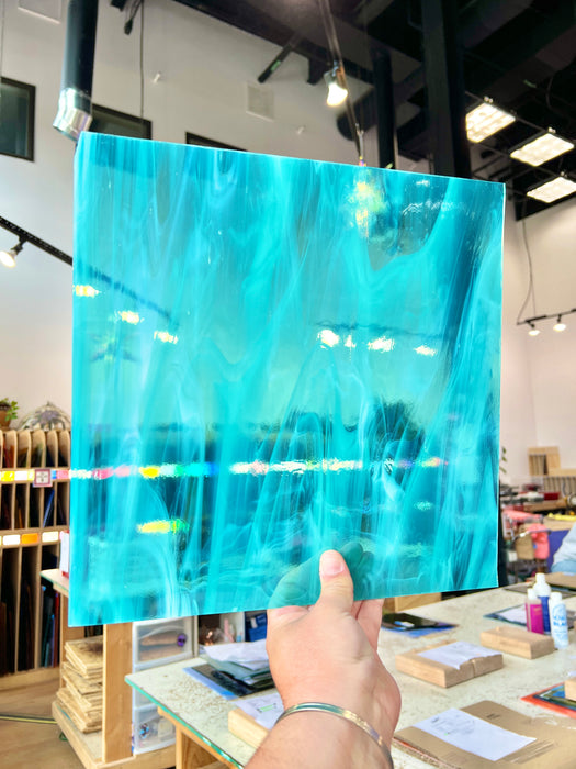 NEW Caribbean Blue and White Wispy Oceanside Fusible 96 COE (OGT 832.91F) Sheet Glass Colorado Glass Works