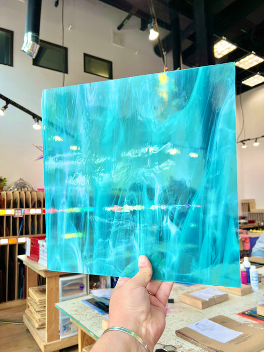 NEW Caribbean Blue and White Wispy Oceanside Fusible 96 COE (OGT 832.91F) Sheet Glass Colorado Glass Works