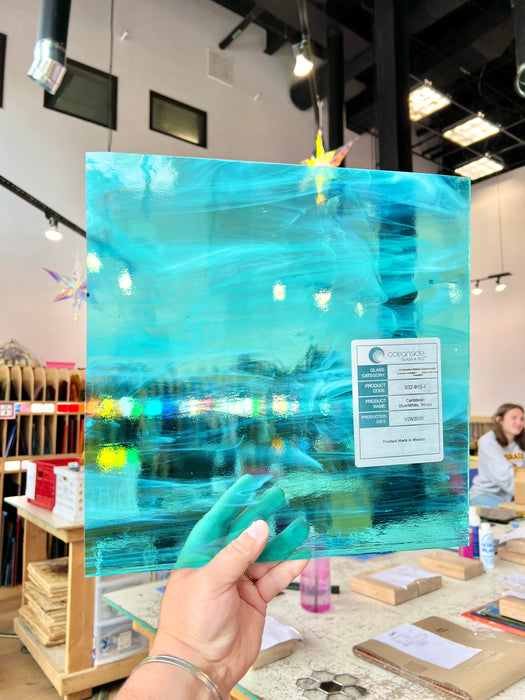 NEW Caribbean Blue and White Wispy Oceanside Fusible 96 COE (OGT 832.91F) Sheet Glass Colorado Glass Works