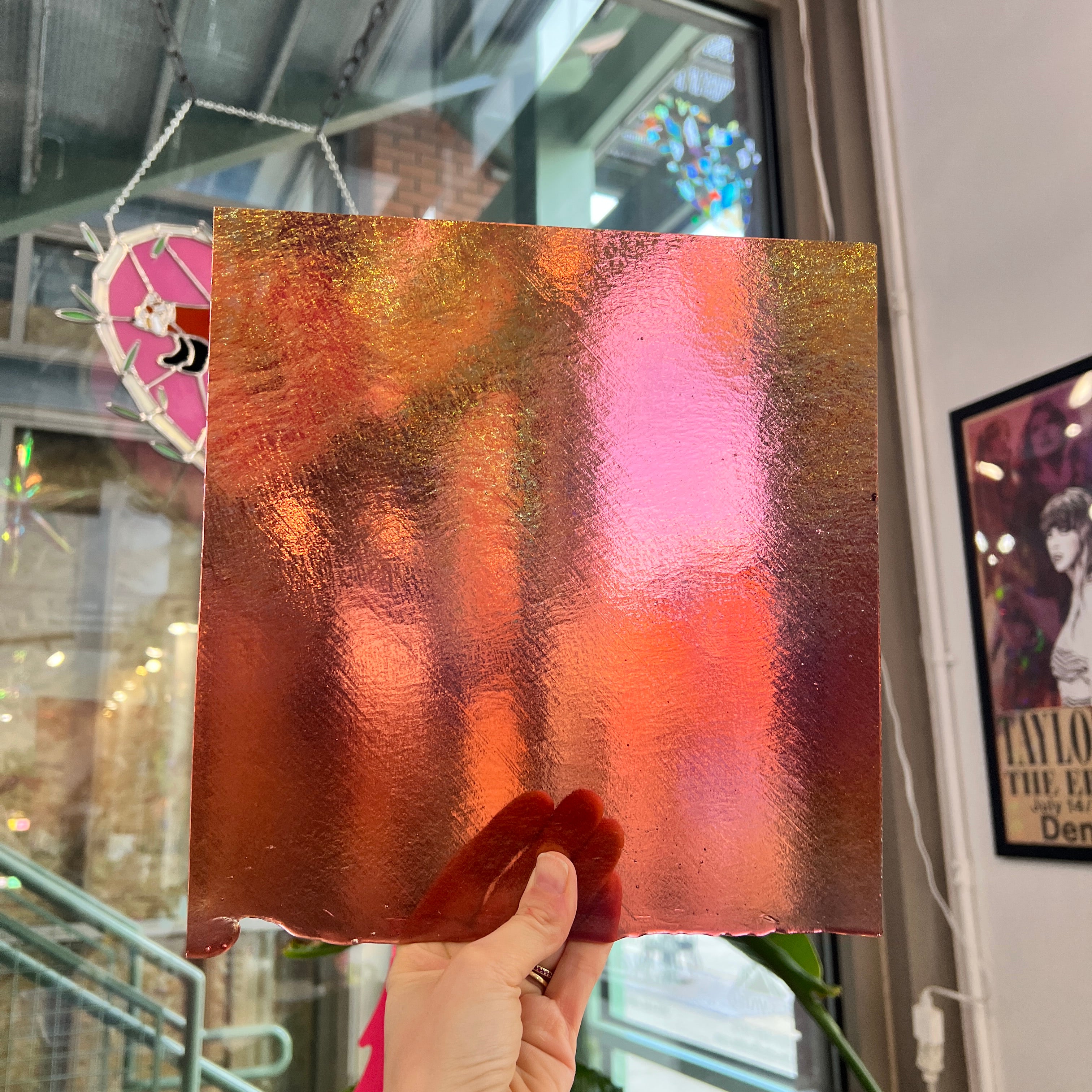 Light Coral Striker Double Roll Rainbow Iridized Fusible 90 COE Sheet Glass Colorado Glassworks
