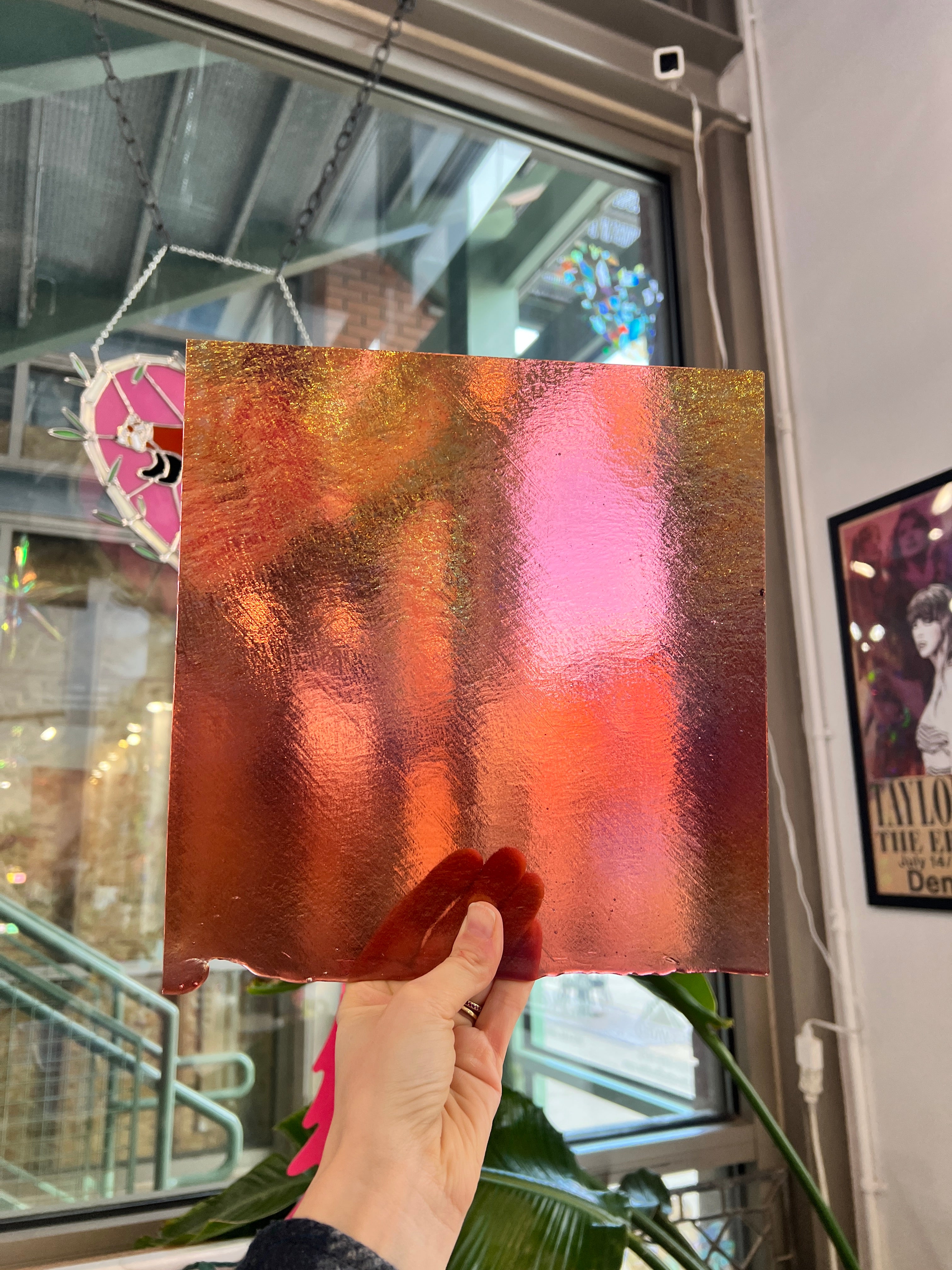 Light Coral Striker Double Roll Rainbow Iridized Fusible 90 COE Sheet Glass Colorado Glassworks