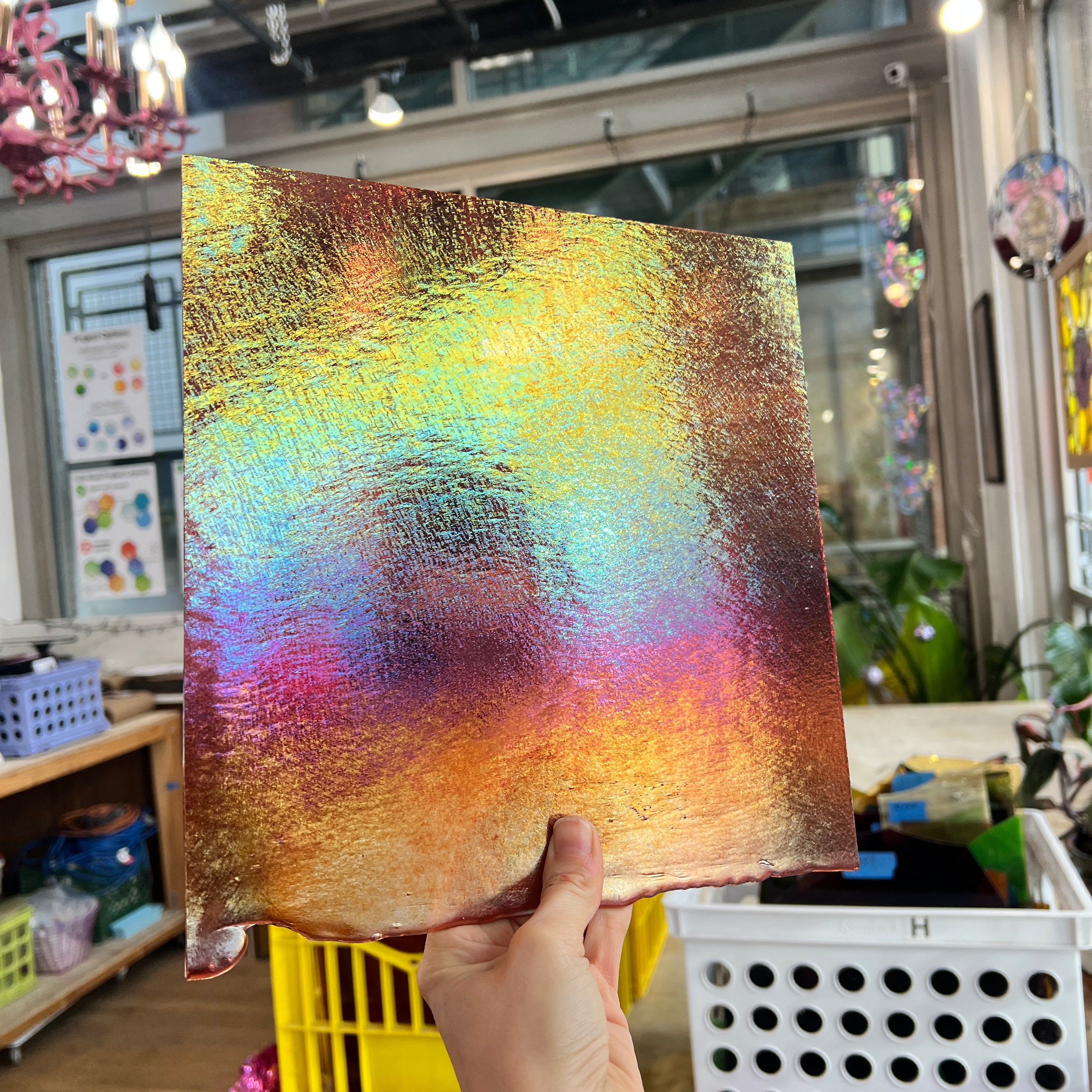 Light Coral Striker Double Roll Rainbow Iridized Fusible 90 COE Sheet Glass Colorado Glassworks