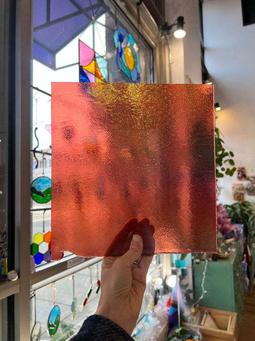 Light Coral Striker Double Roll Rainbow Iridized Fusible 90 COE Sheet Glass Colorado Glassworks