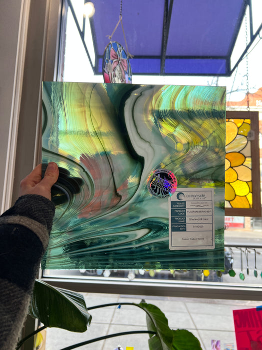 NEW! Sherwood Forest (Opal Art, Deep Olive/ Sea Green with Opal) Fusers Reserve System 96 Fusible 96 COE Sheet Glass Colorado Glassworks