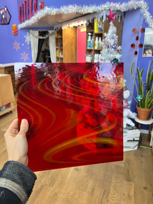 NEW! Antelope Canyon (Opal Art, Transparent Cherry Red with Sunflower Opal) Fusers Reserve System 96 Fusible 96 COE Sheet Glass Colorado Glassworks