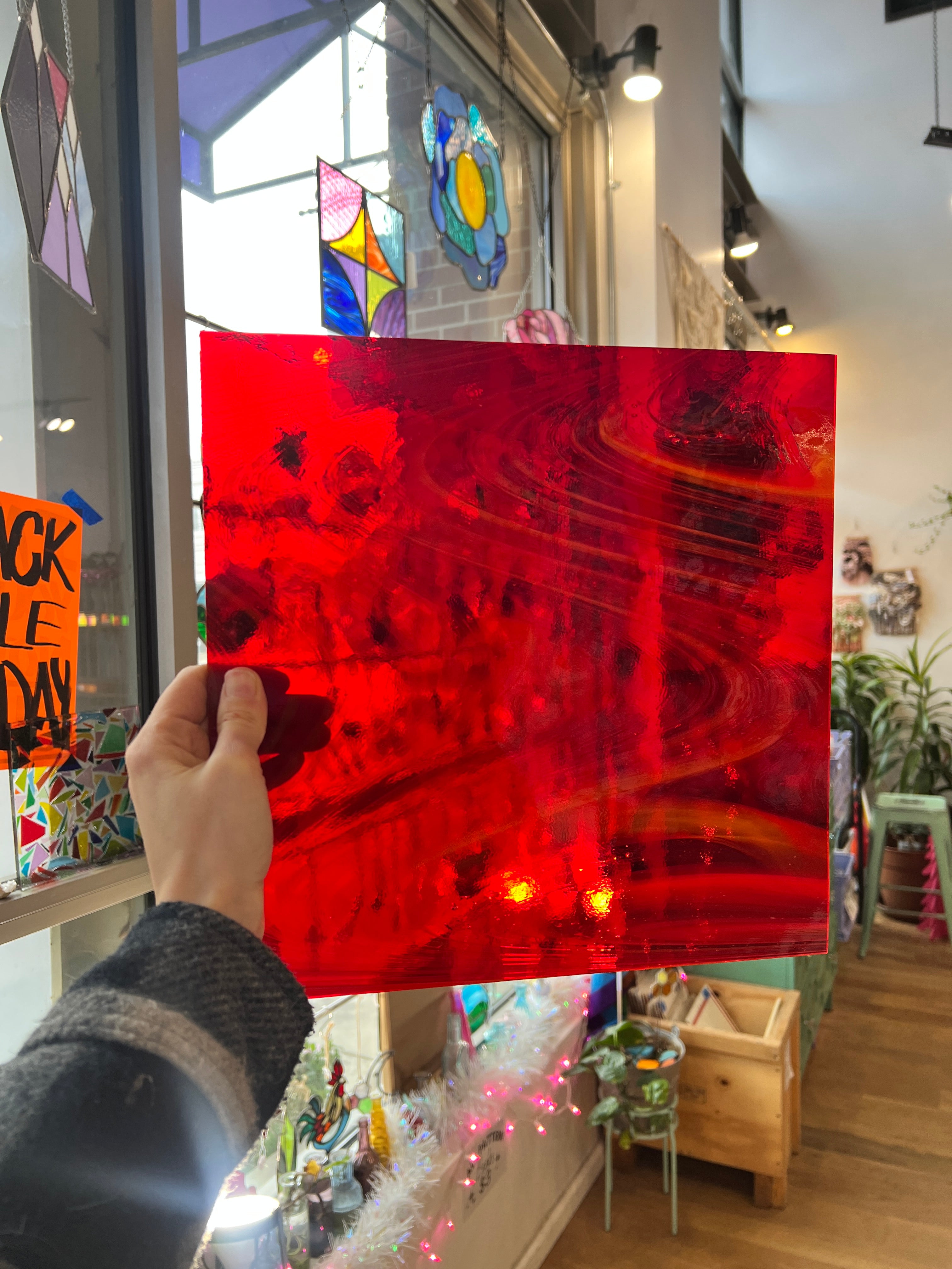 NEW! Antelope Canyon (Opal Art, Transparent Cherry Red with Sunflower Opal) Fusers Reserve System 96 Fusible 96 COE Sheet Glass Colorado Glassworks