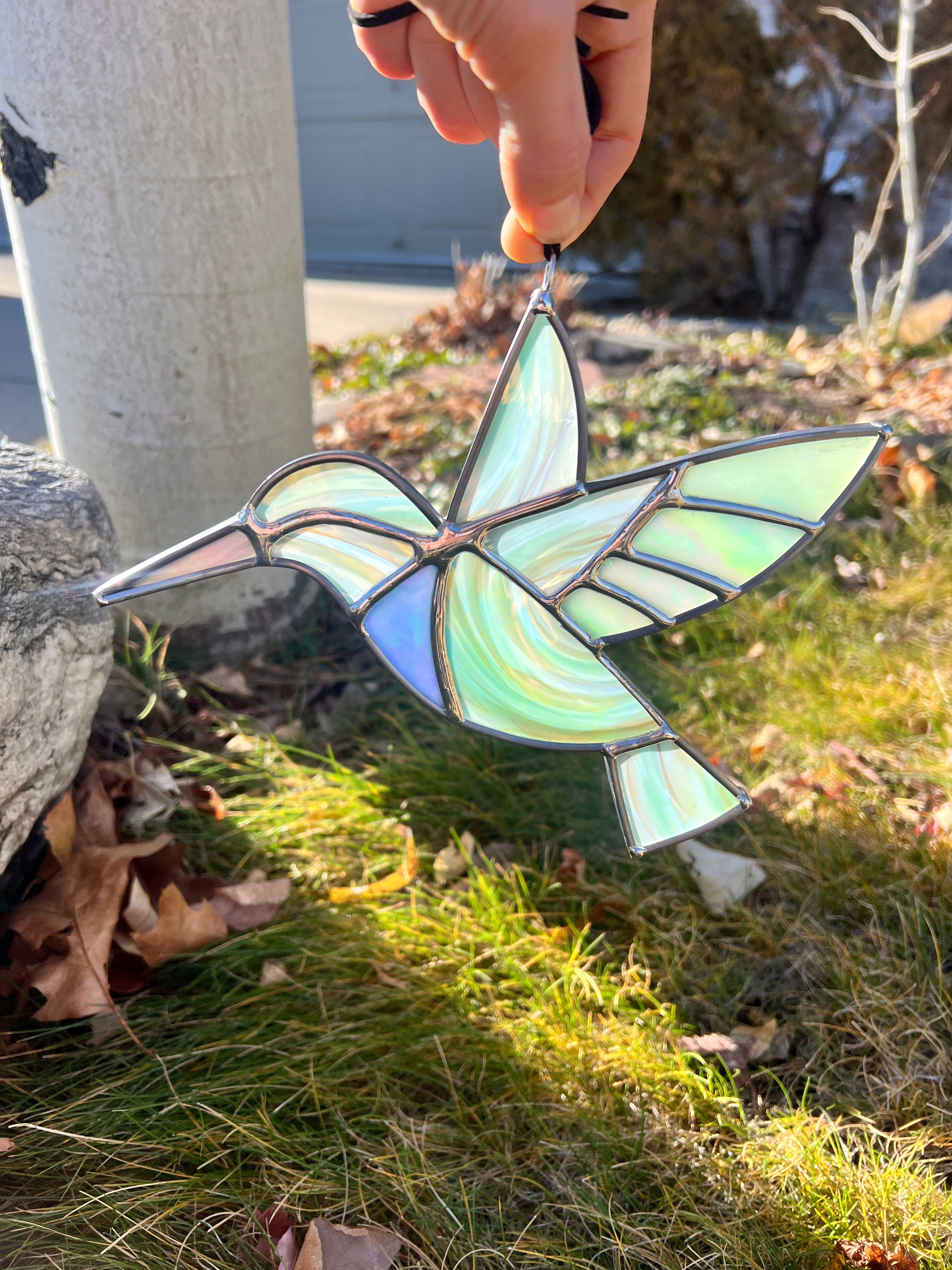 Grey Green Iridescent Swirl Hummingbird Finished Pieces Colorado Glassworks