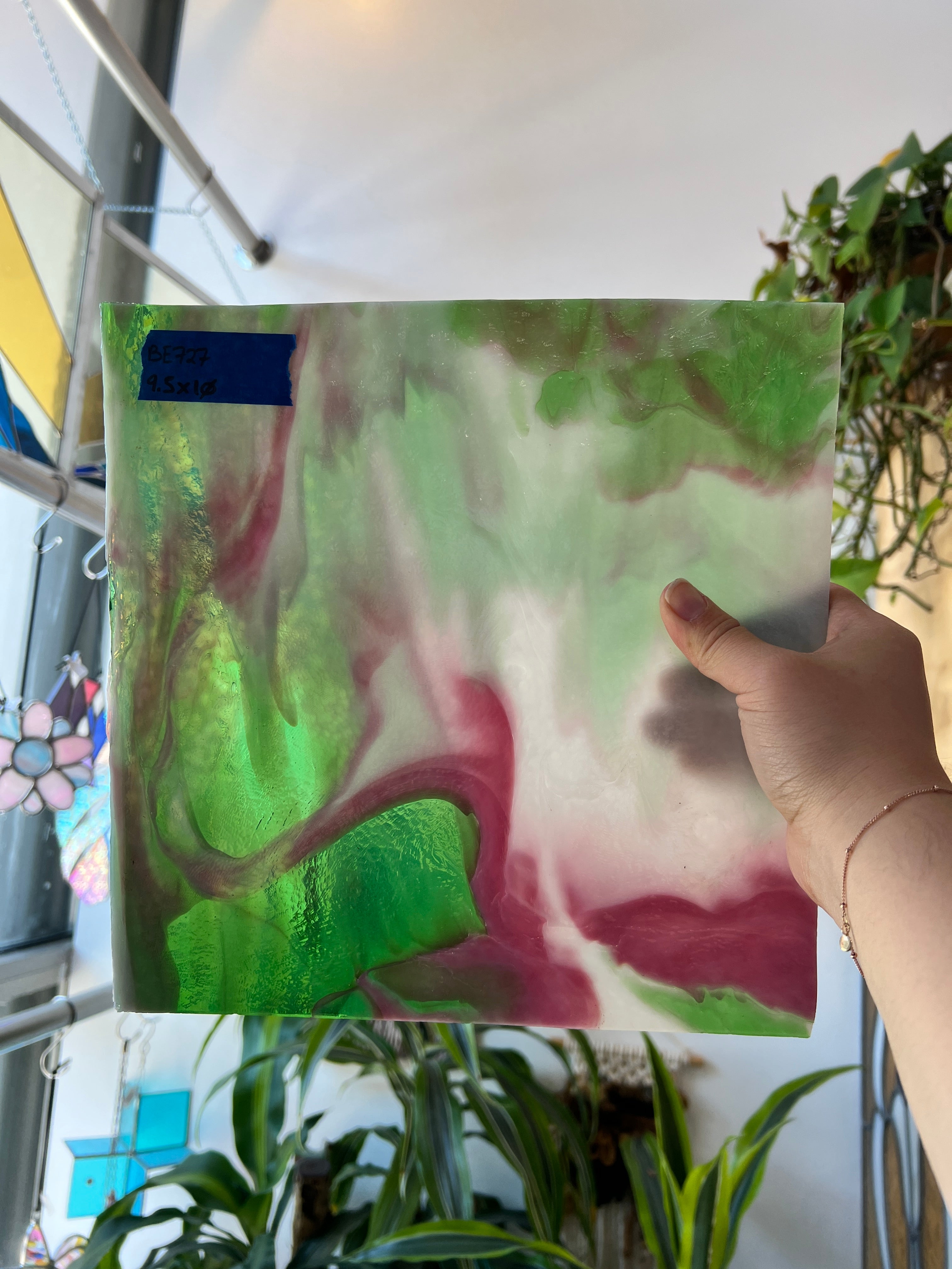 Green White Pink Wispy Vintage Bullseye Sheet Glass Colorado Glassworks BE727 (9.5x10in)
