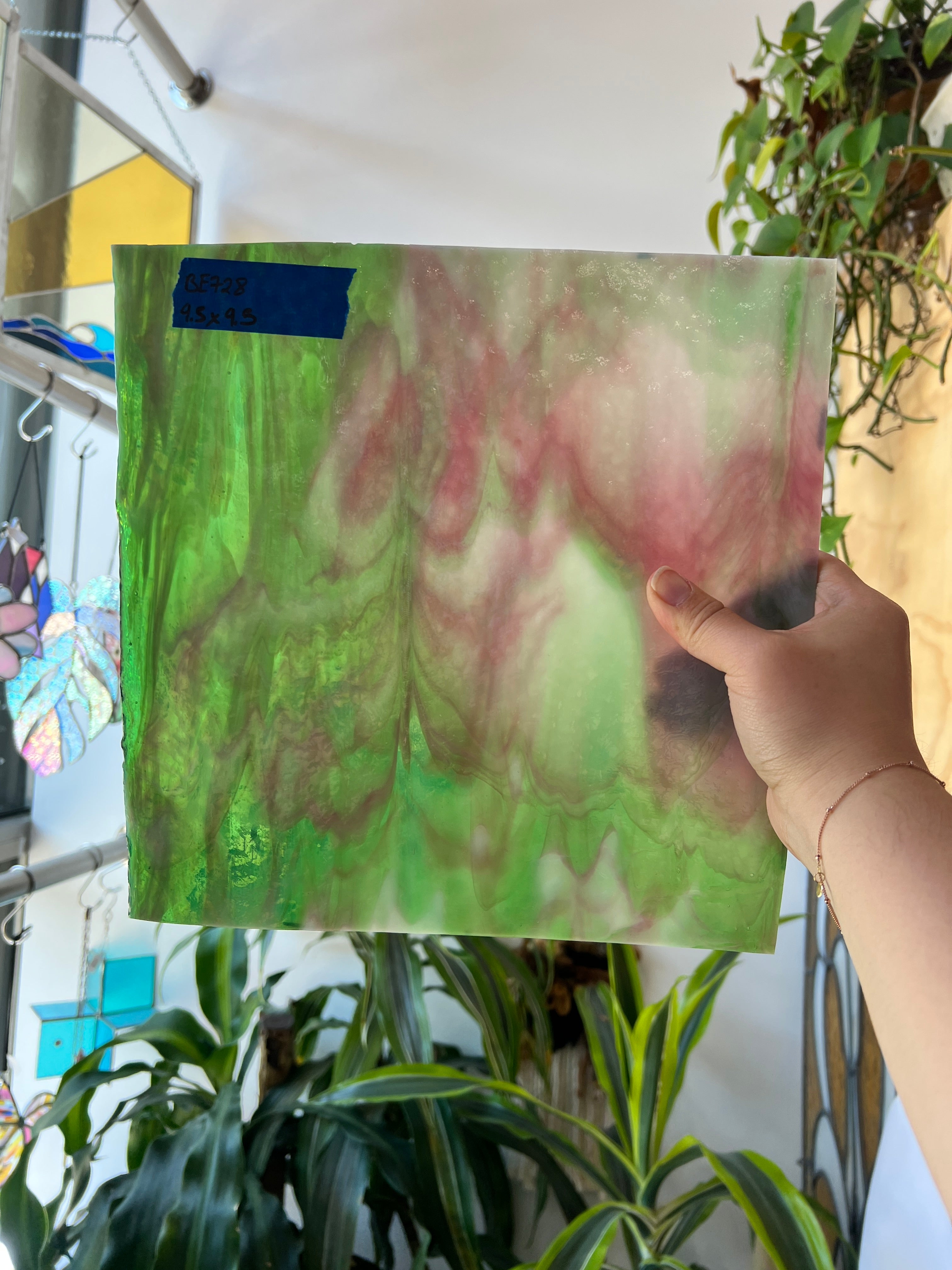 Green White Pink Wispy Vintage Bullseye Sheet Glass Colorado Glassworks BE728 (9.5x9.5in)