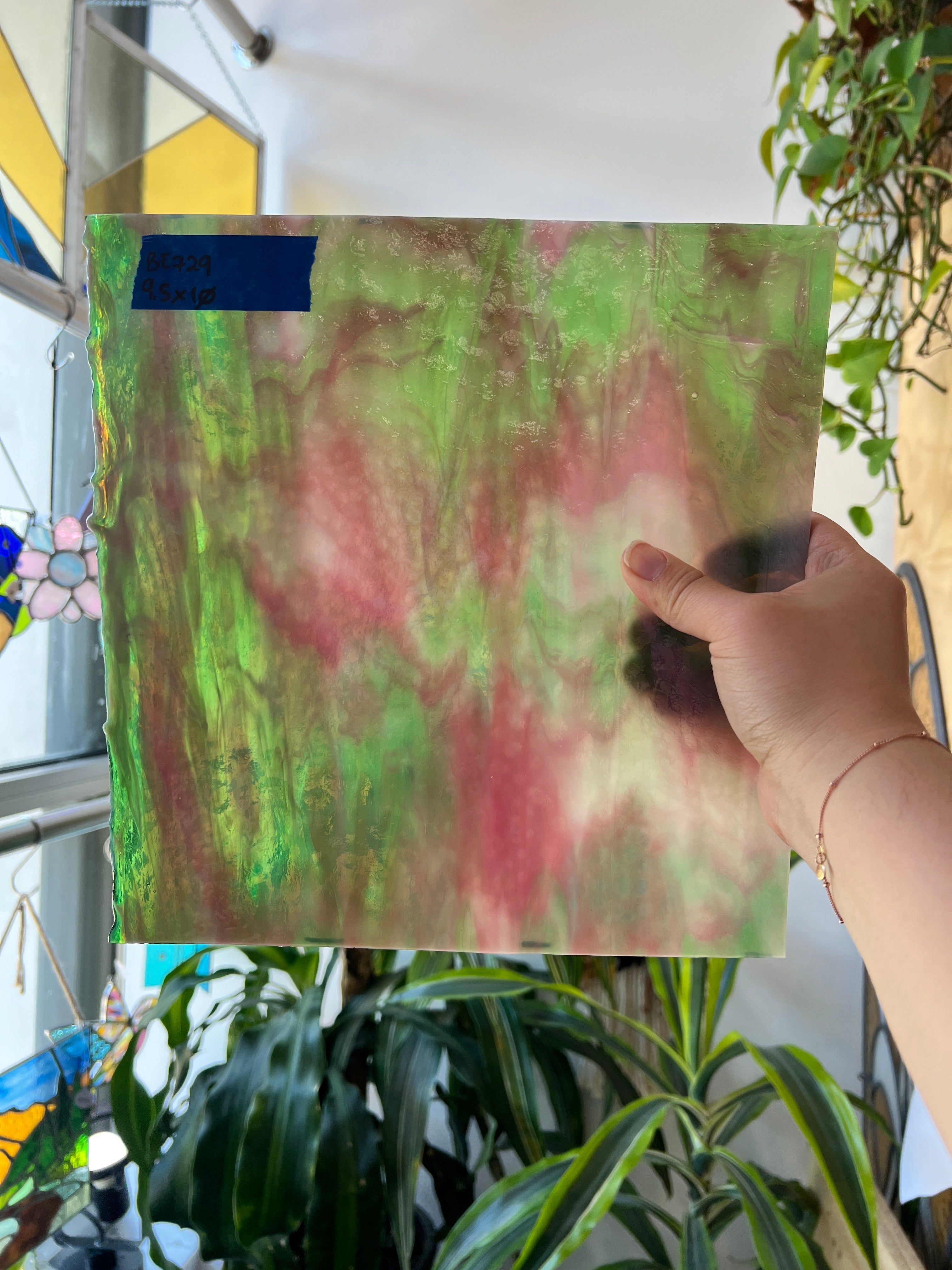 Green White Pink Wispy Vintage Bullseye Sheet Glass Colorado Glassworks BE729 (9.5x10in)