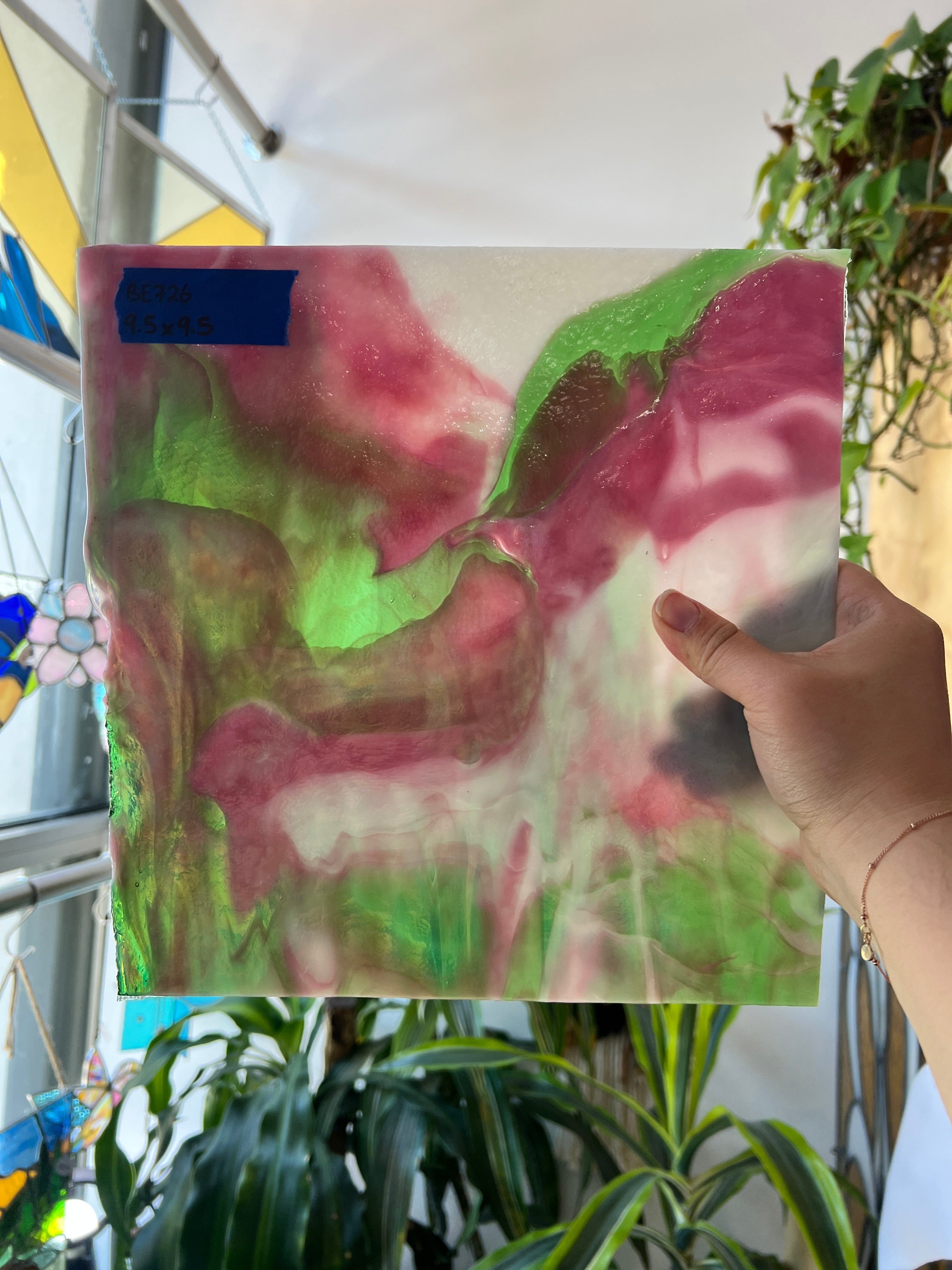 Green White Pink Wispy Vintage Bullseye Sheet Glass Colorado Glassworks BE726 (9.5x9.5in)