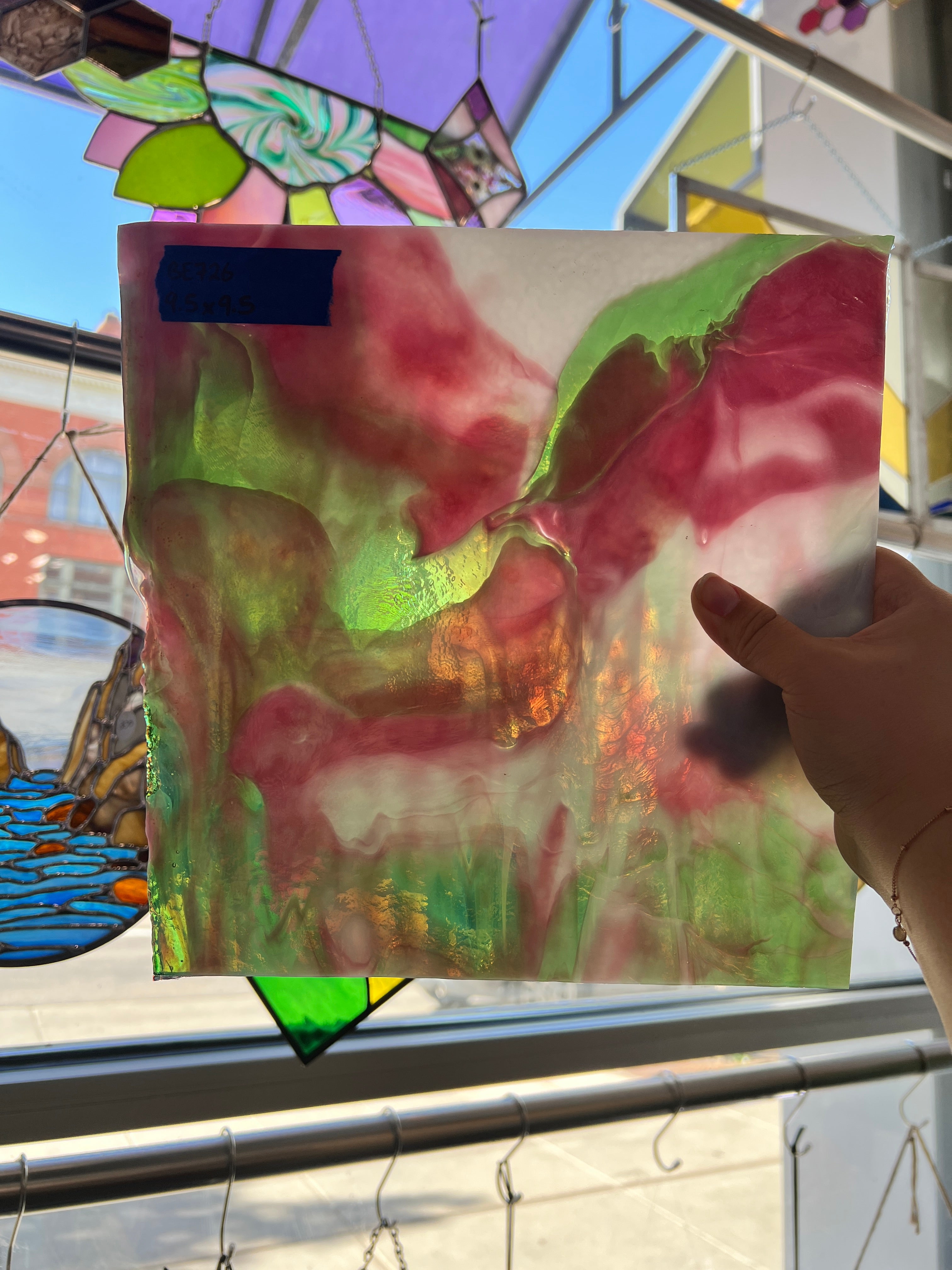 Green White Pink Wispy Vintage Bullseye Sheet Glass Colorado Glassworks