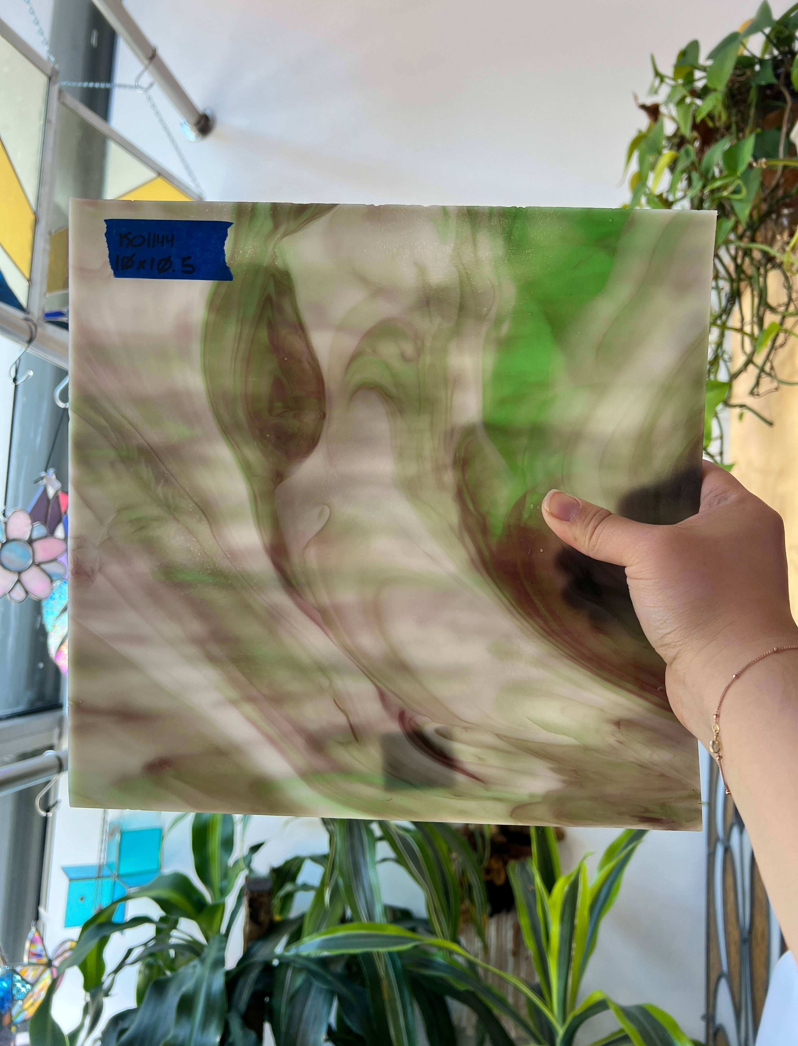 Wispy White Green Purple Kokomo Sheet Glass Kokomo KO1144 (10x10.5in)