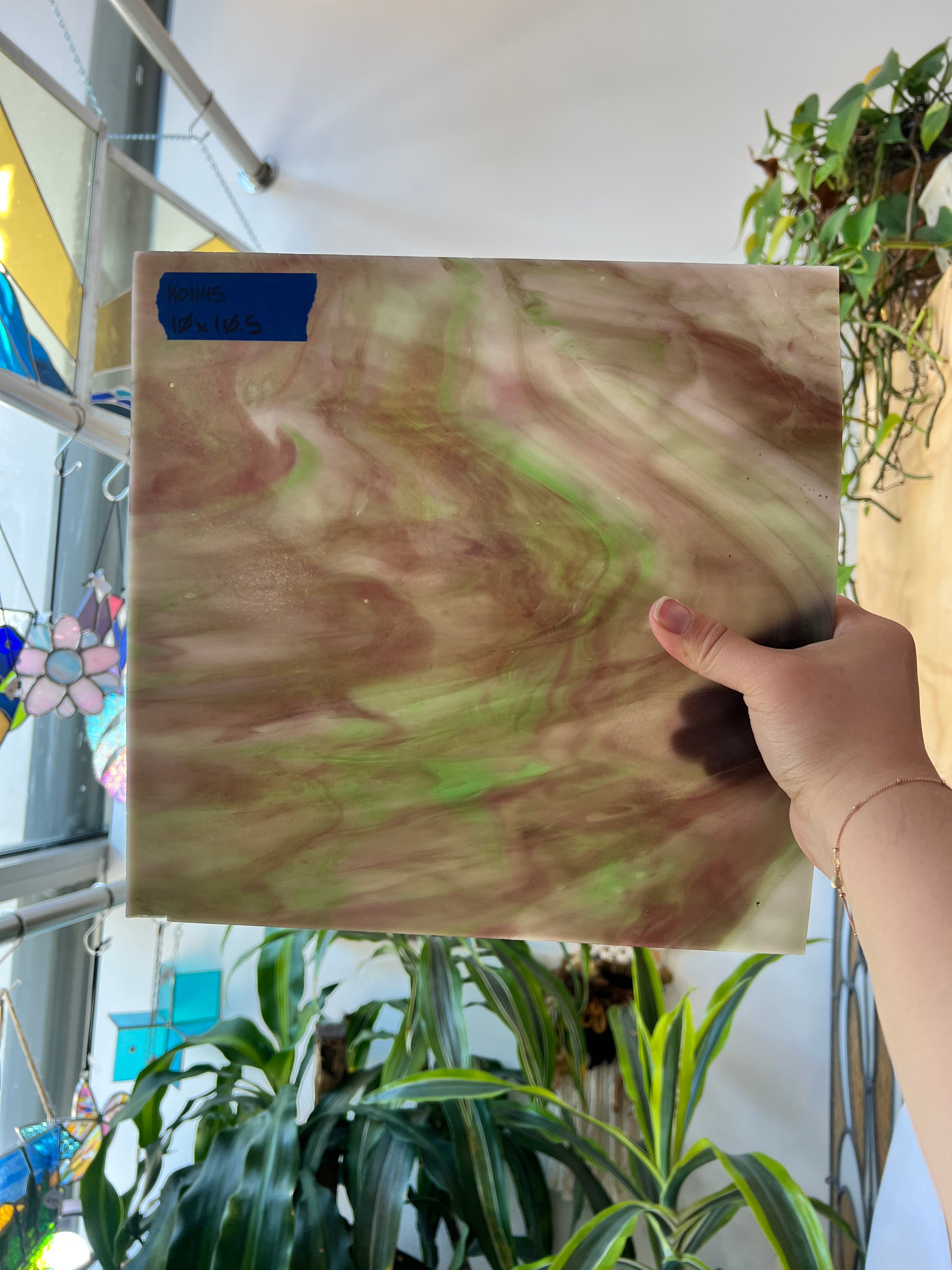 Wispy White Green Purple Kokomo Sheet Glass Kokomo KO1145 (10x10.5in)