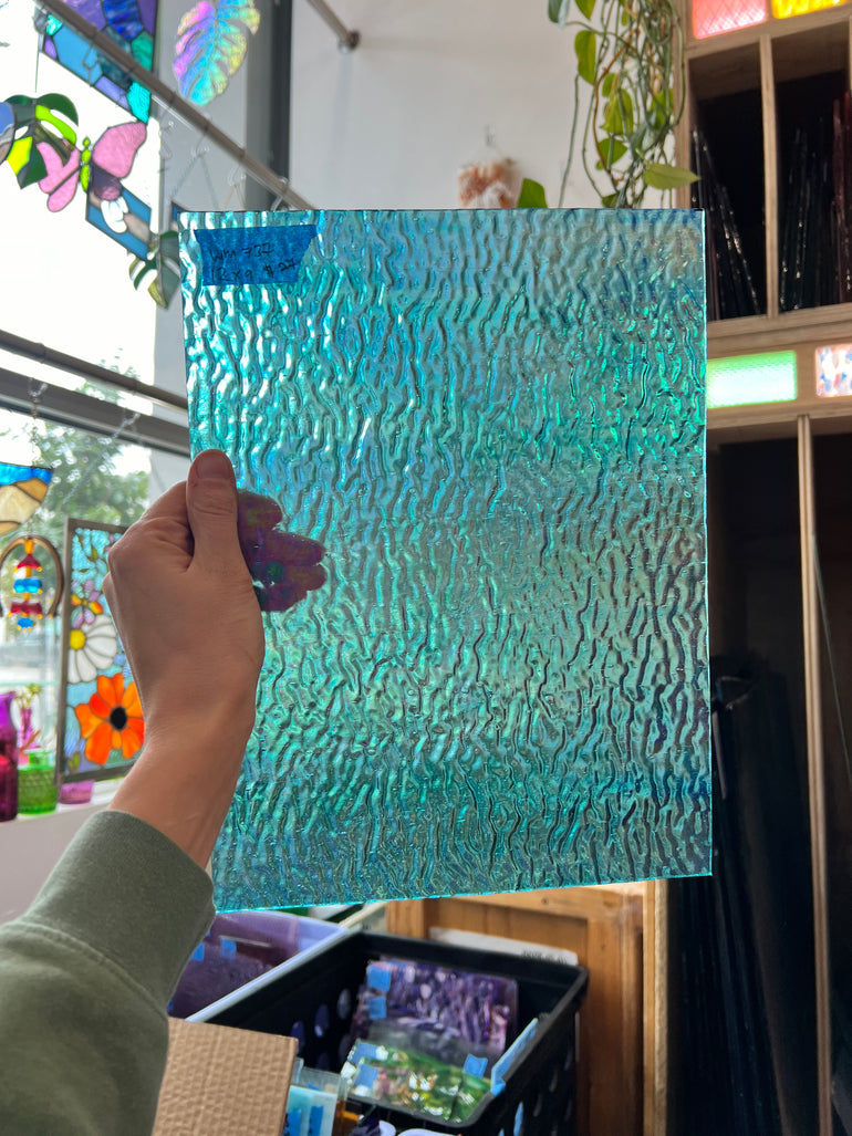 Carribean Blue Rippled Iridescent Wissmach Sheet Glass Colorado Glassworks   