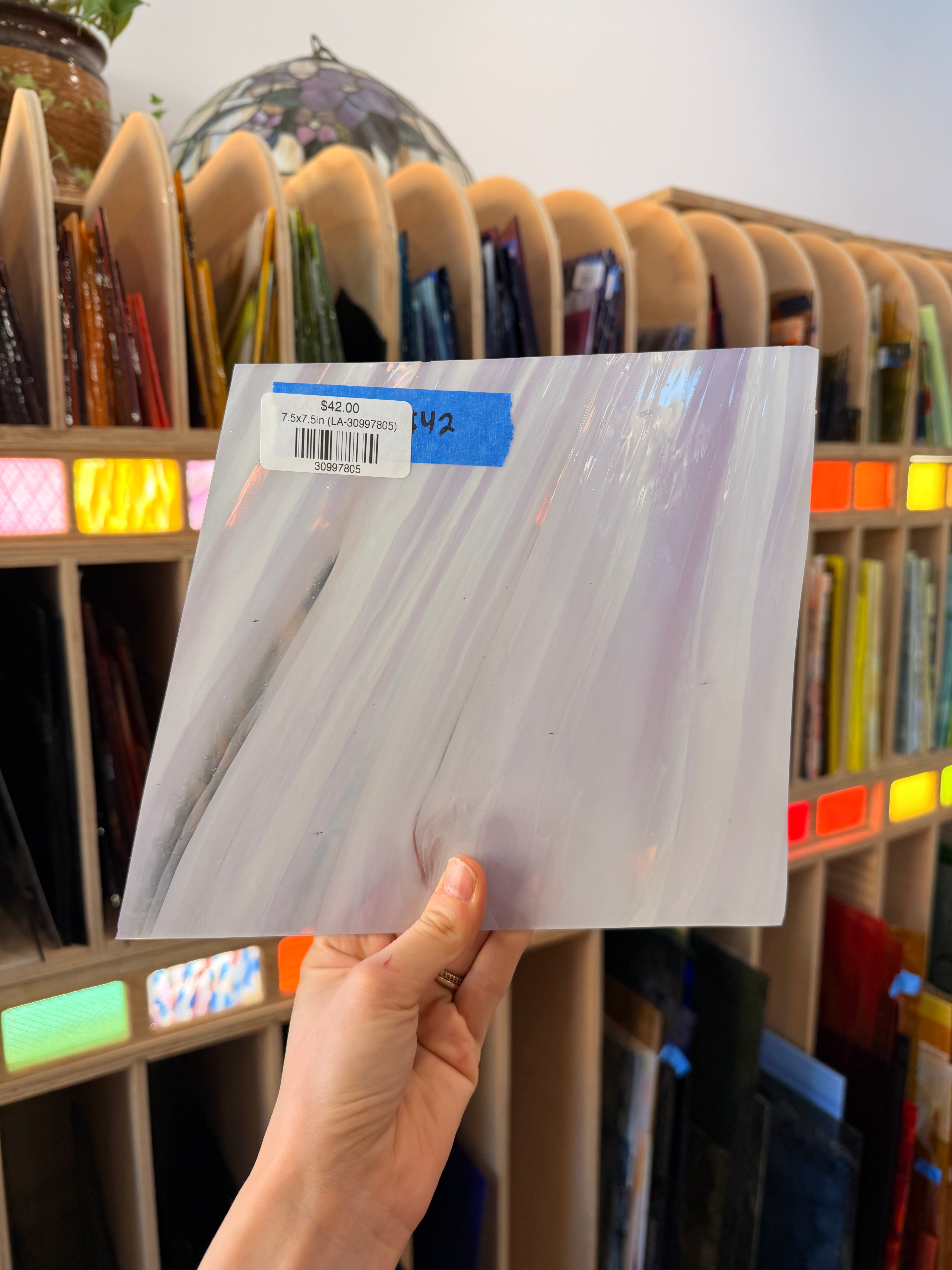 Light Lavender White Wispy Lambert Mouth Blown on Clear Flash Sheet Glass Colorado Glassworks