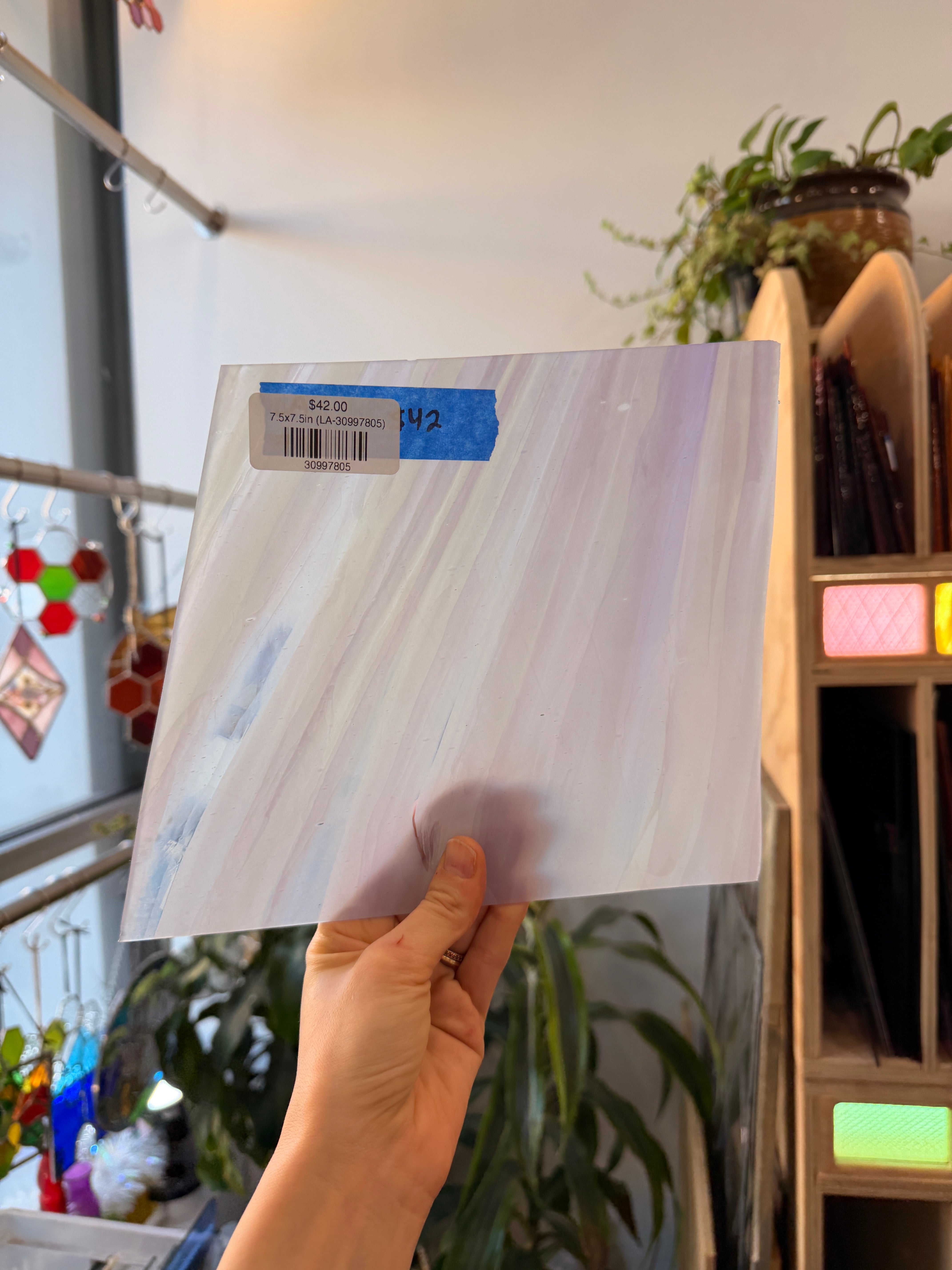 Light Lavender White Wispy Lambert Mouth Blown on Clear Flash Sheet Glass Colorado Glassworks