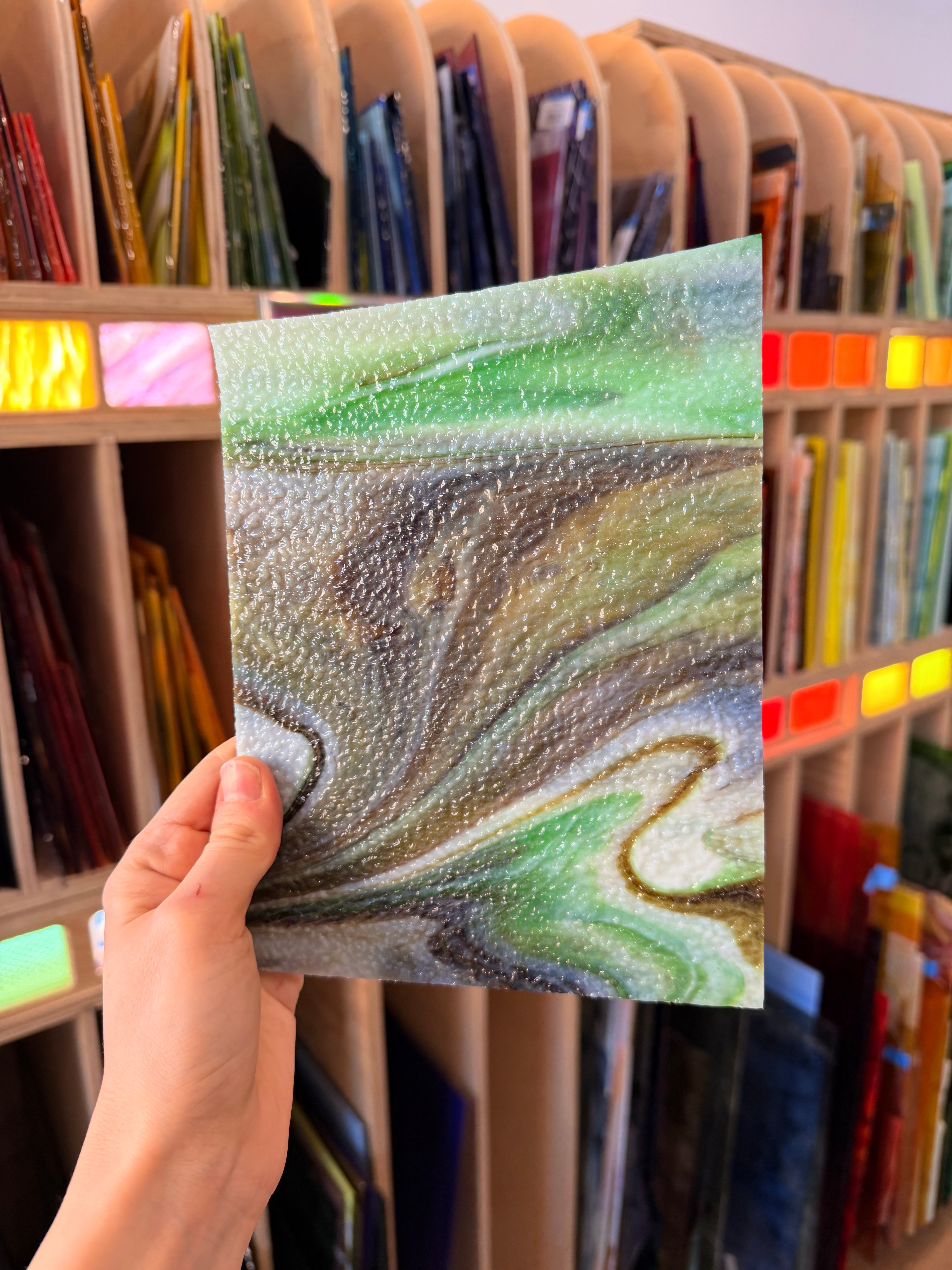 Vintage Green Brown White Textured Opaque Sheet Glass Colorado Glassworks