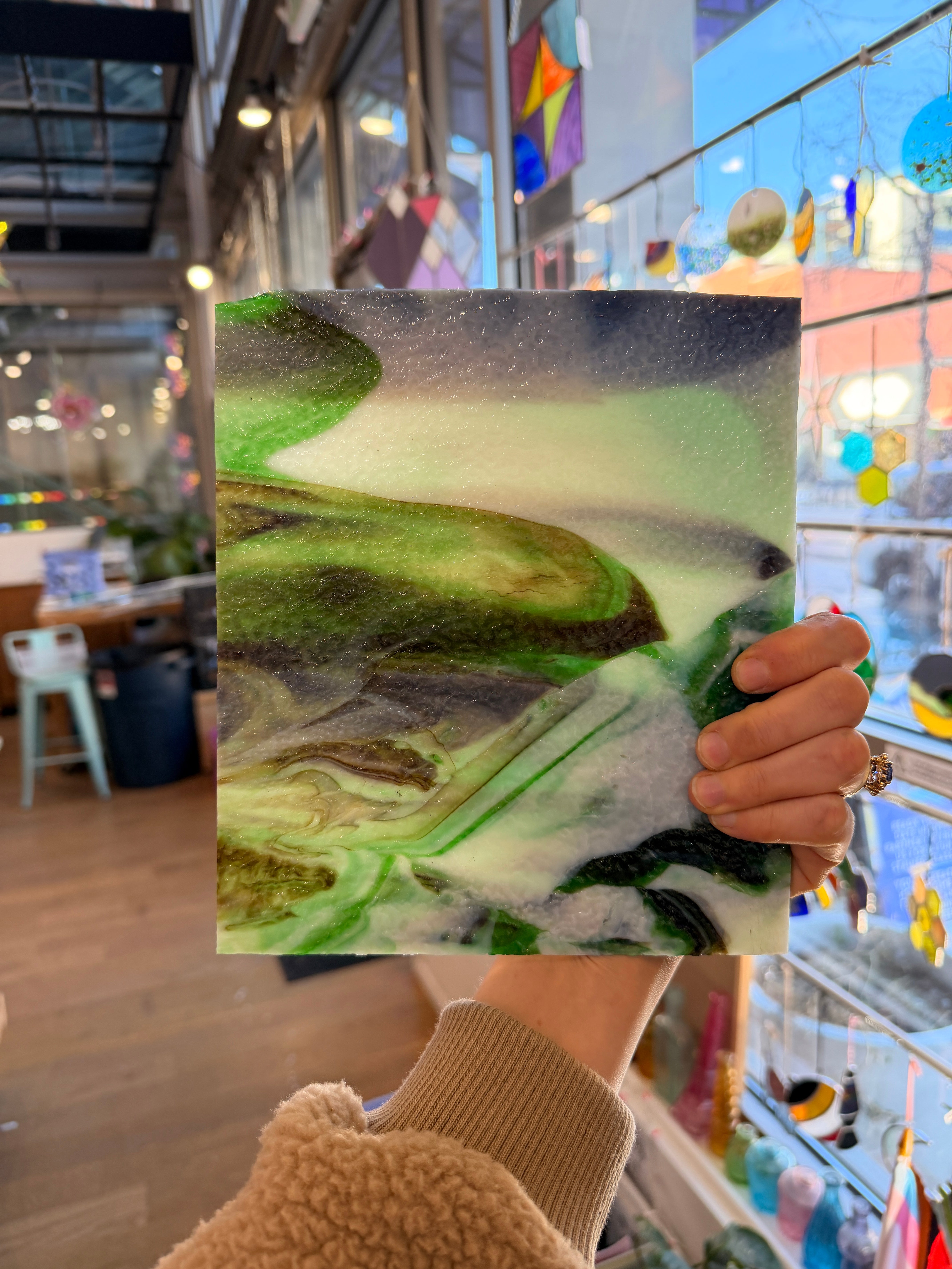 Vintage Green Brown White Textured Opaque Sheet Glass Colorado Glassworks 8x7in (UNK-34819885)