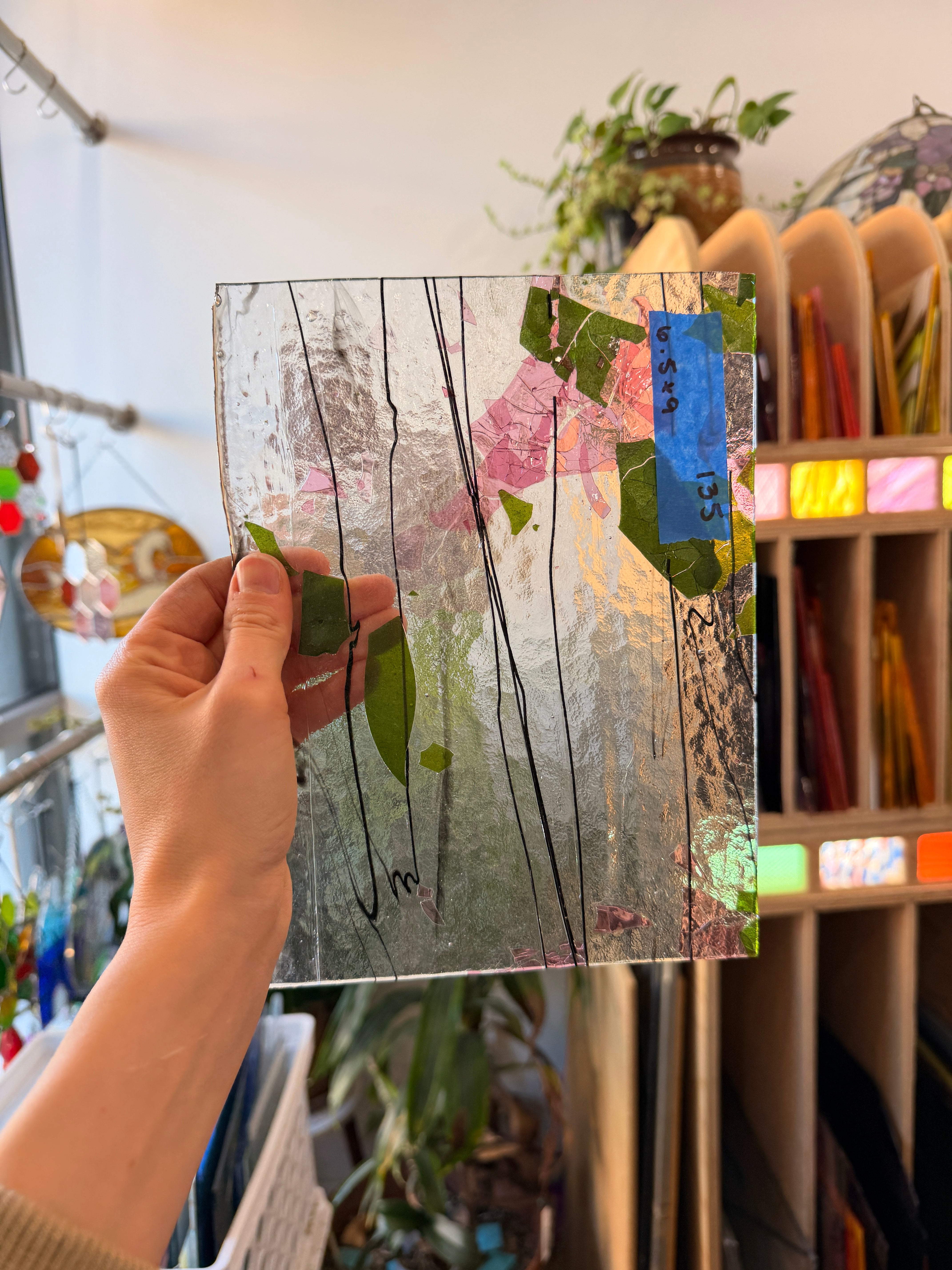 Bullseye Pink Green Black Fracture and Confetti Glass Fusible 90 COE Sheet Glass Colorado Glassworks 6.5x5in (BE-99619117)