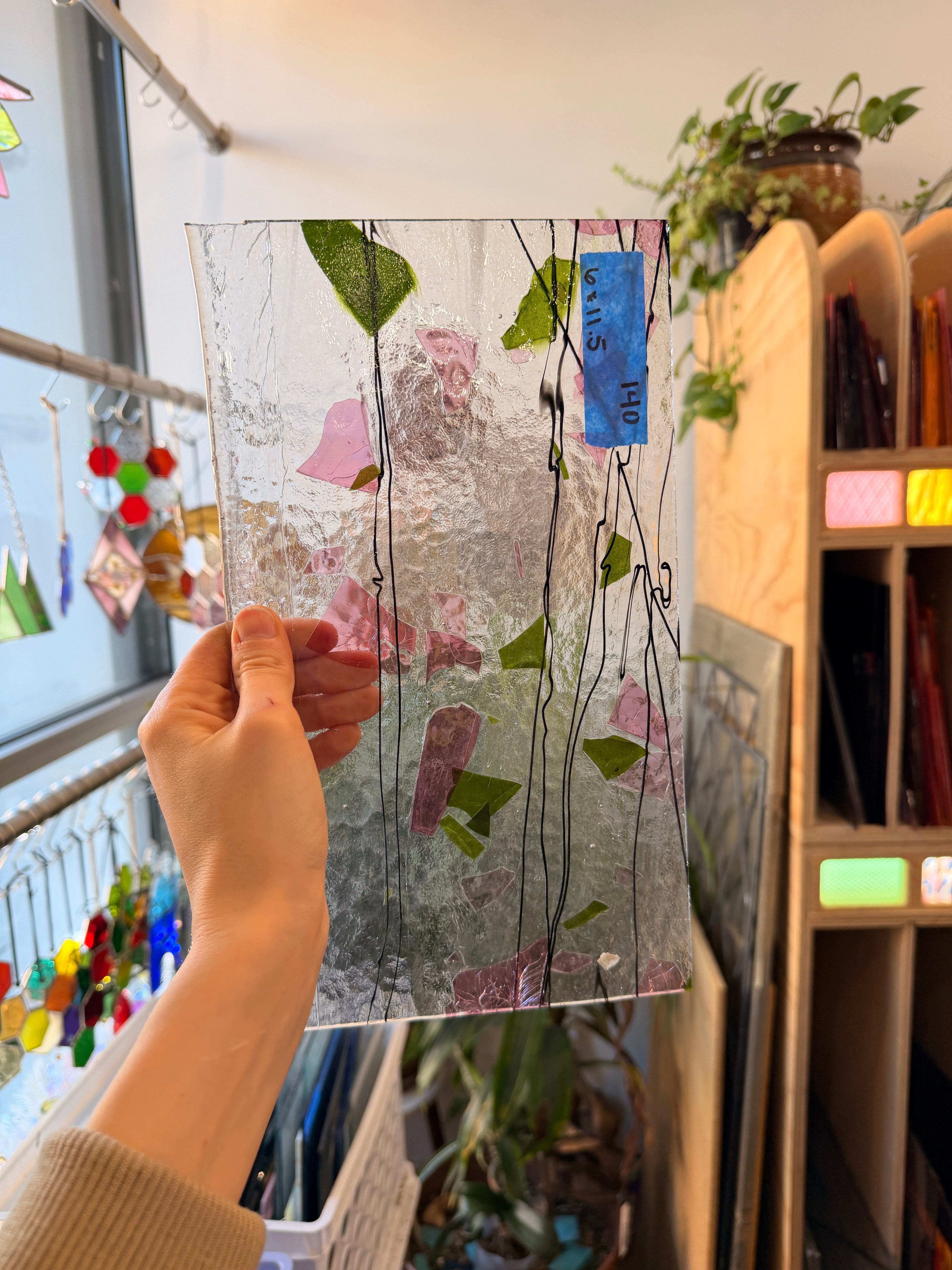 Bullseye Pink Green Black Fracture and Confetti Glass Fusible 90 COE Sheet Glass Colorado Glassworks I40 (11.5x6in)