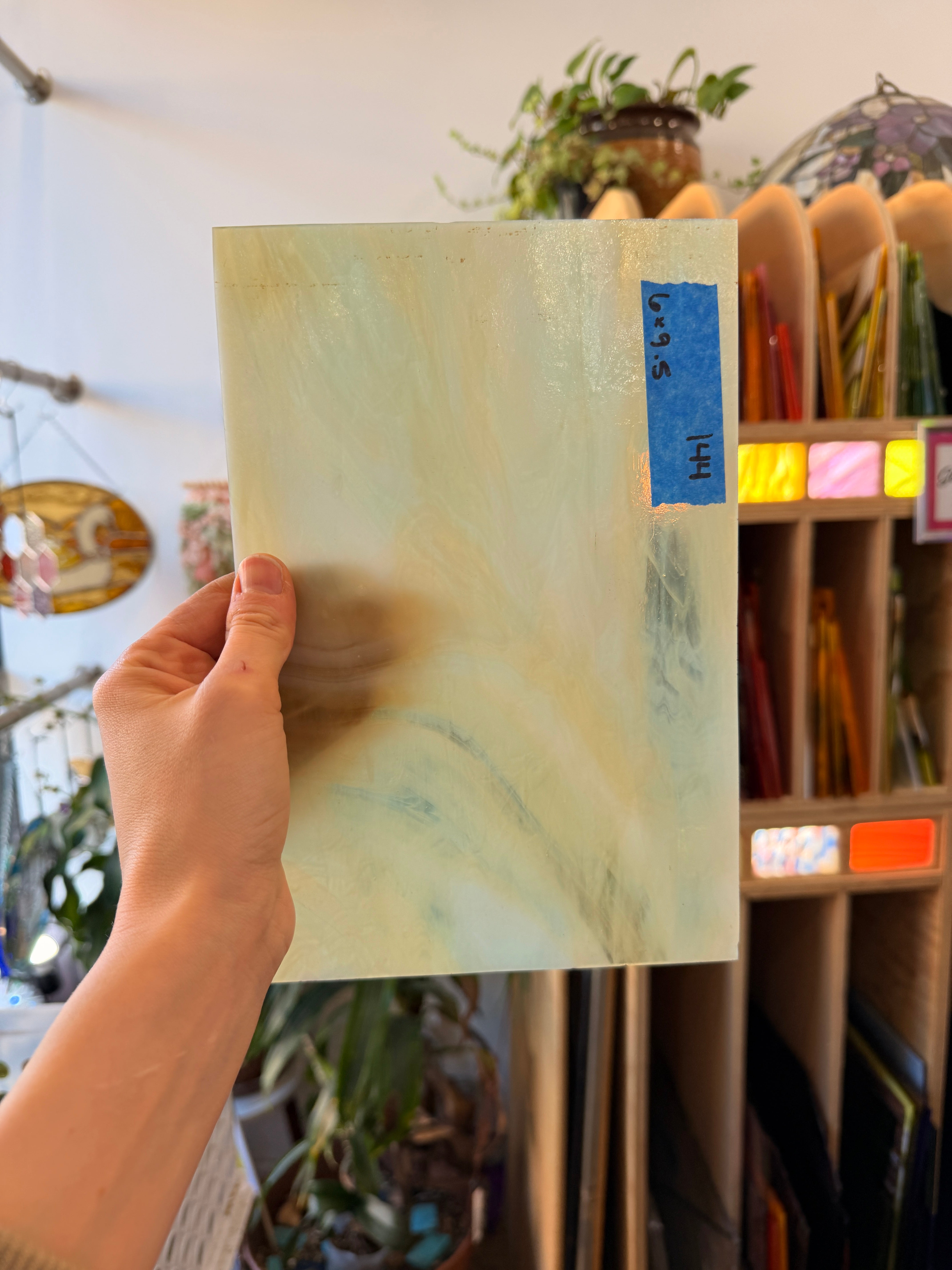 Wispy Tan Sea Green Kokomo Sheet Glass Armstrong 6x9.5in (KO-05263149)