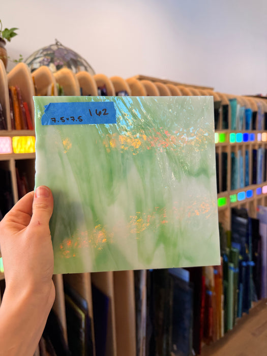 Vintage Green White Dappled Bullseye Sheet Glass Colorado Glass Works